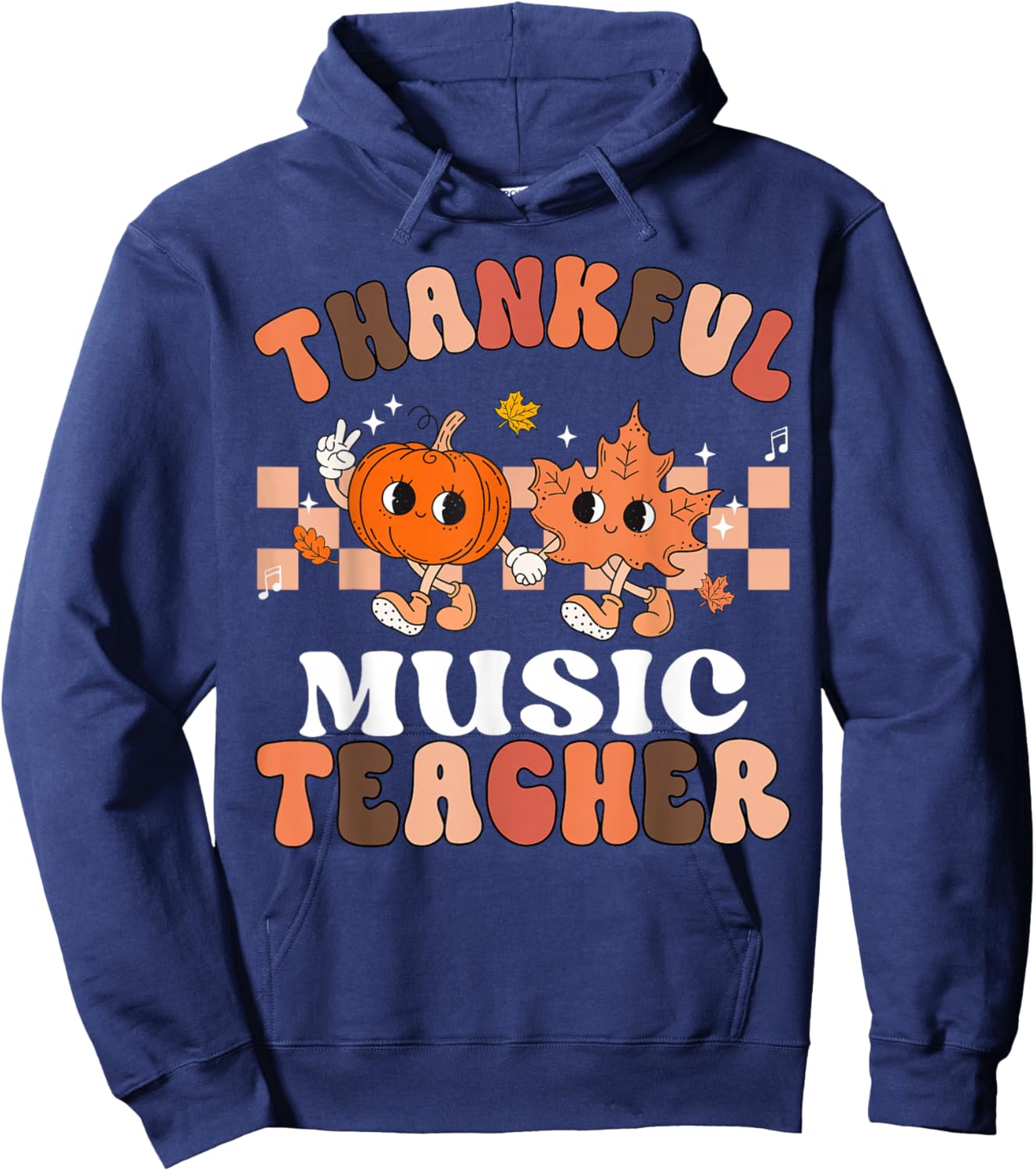 Retro Thankful Music Teacher Pumpkin Fall Thanksgiving Hoodie - Hoodie | Navy