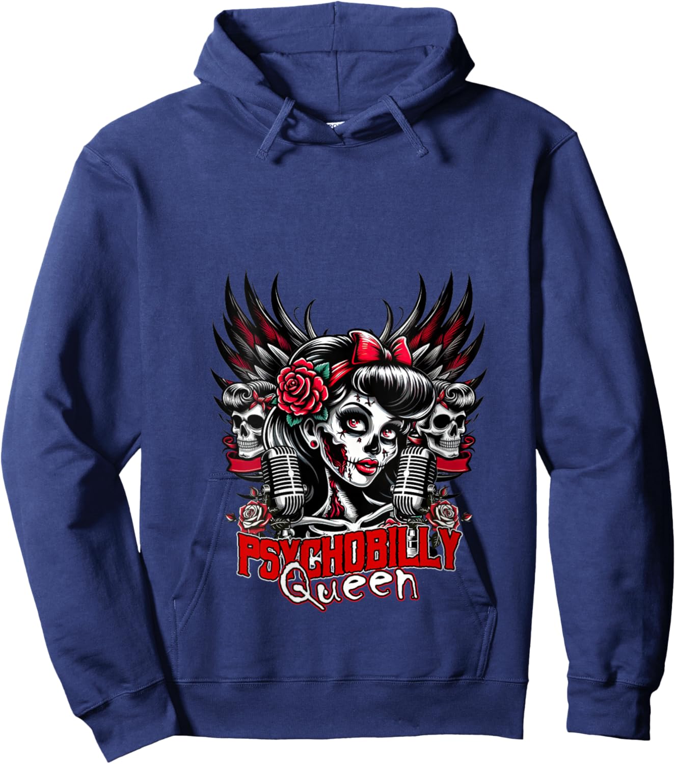Psychobilly Queen Zombie Pin Up Girl Retro Rockabilly V-Neck Hoodie - Hoodie | Navy