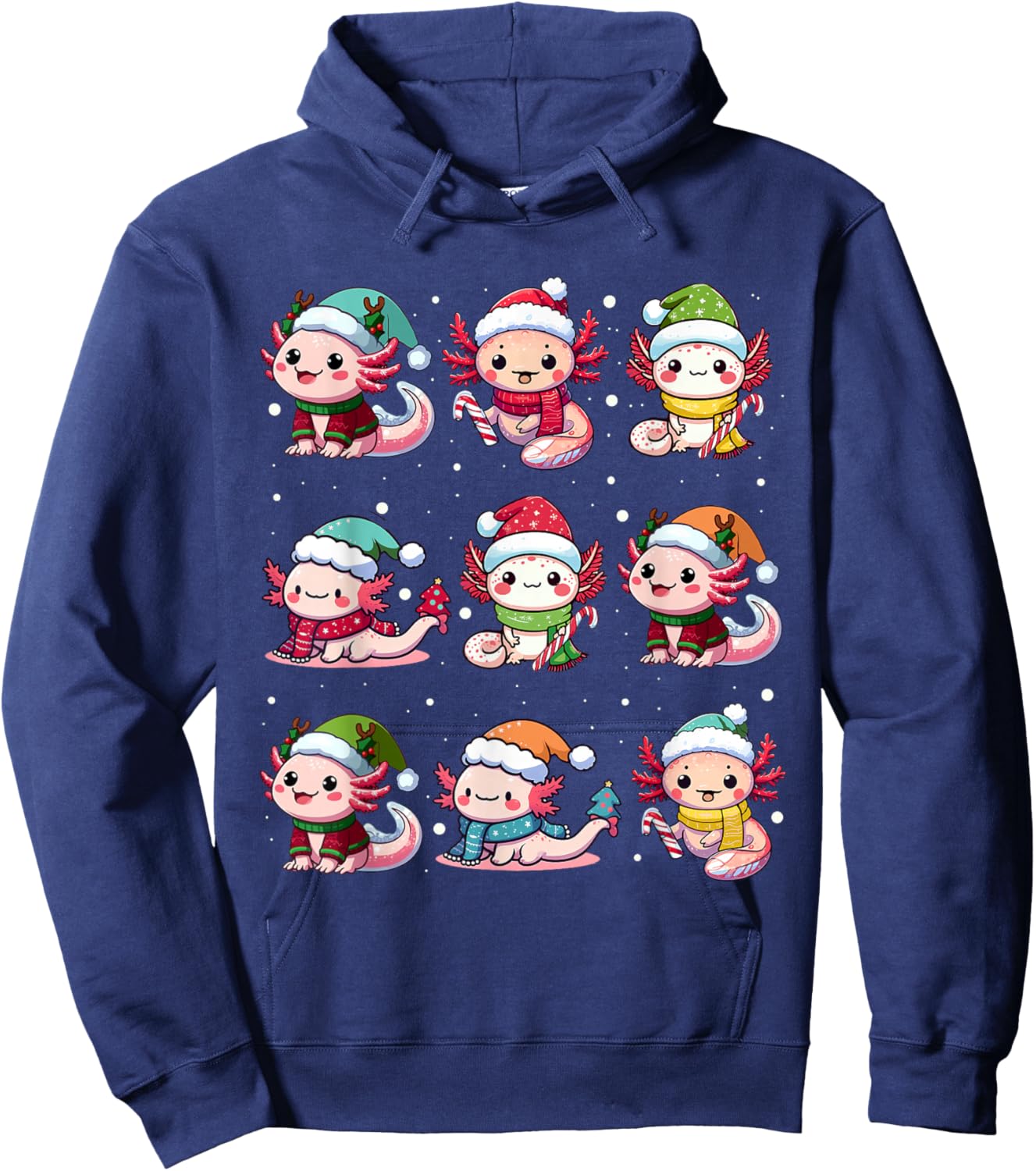 Cute Axolotl Santa Hat Xmas Lights Japanese Christmas Anime Hoodie - Hoodie | Navy