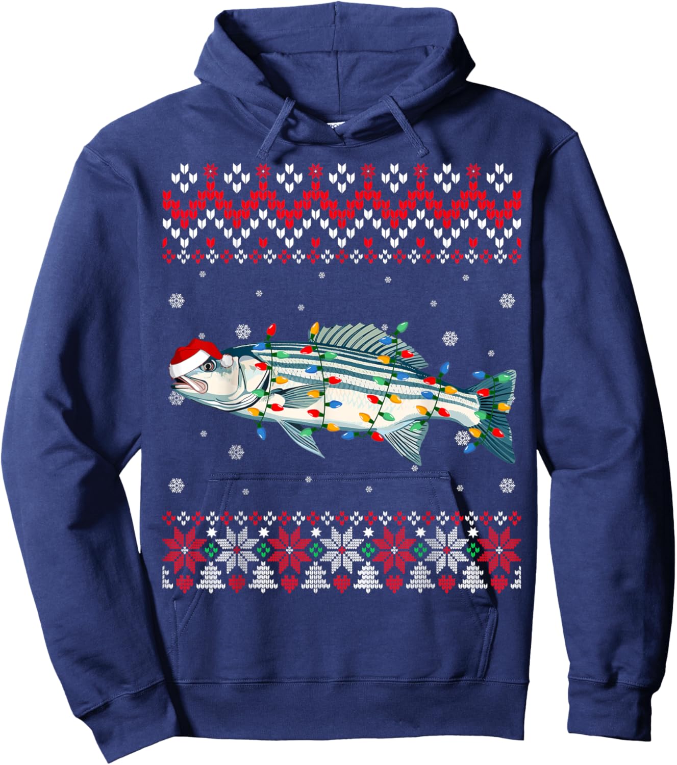Striped Bass Fish Santa Hat Women Kids Ugly Christmas Light Hoodie - Hoodie | Navy