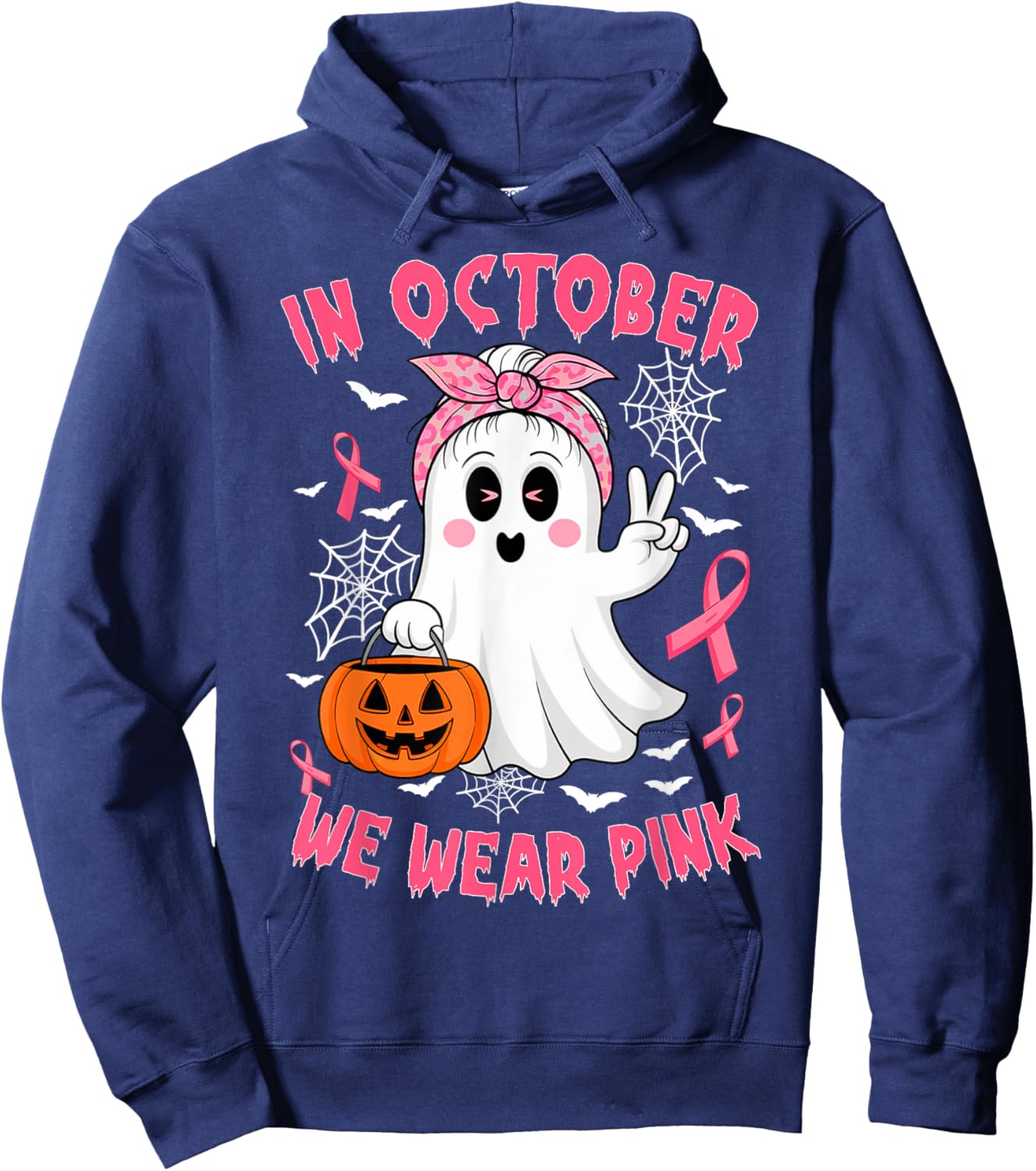 Breast Cancer Awareness In October We Wear Pink Cute Ghost Hoodie - Hoodie | Navy