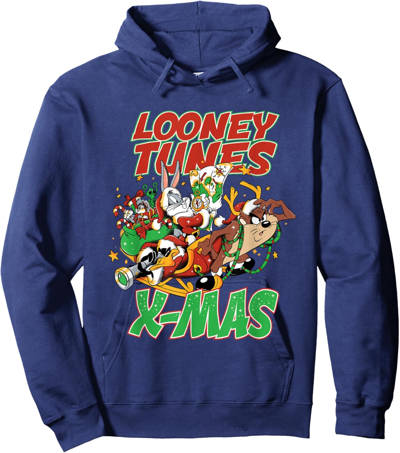 Christmas Looney Tunes Tax Reindeer Sleigh Bugs Daffy Hoodie - Hoodie | Navy
