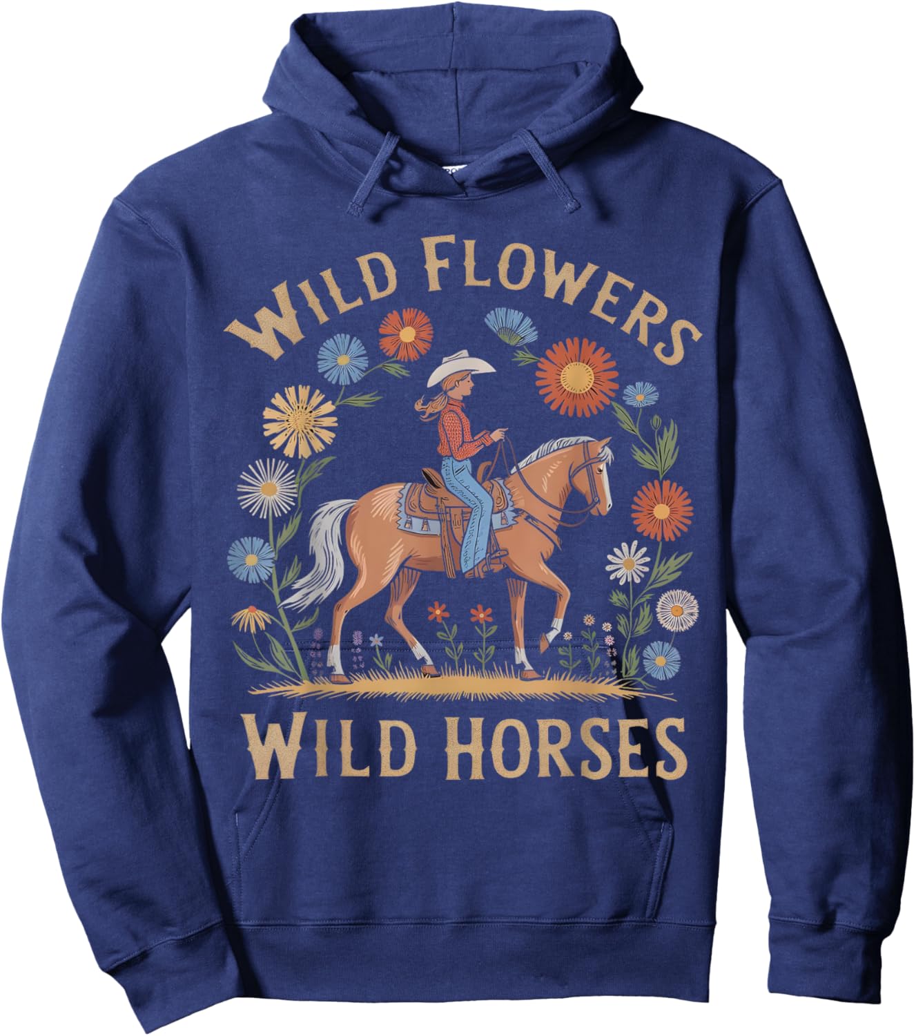Retro Southern Sunset Wild Cowgirl Flowers - Wild Horses Hoodie - Hoodie | Navy