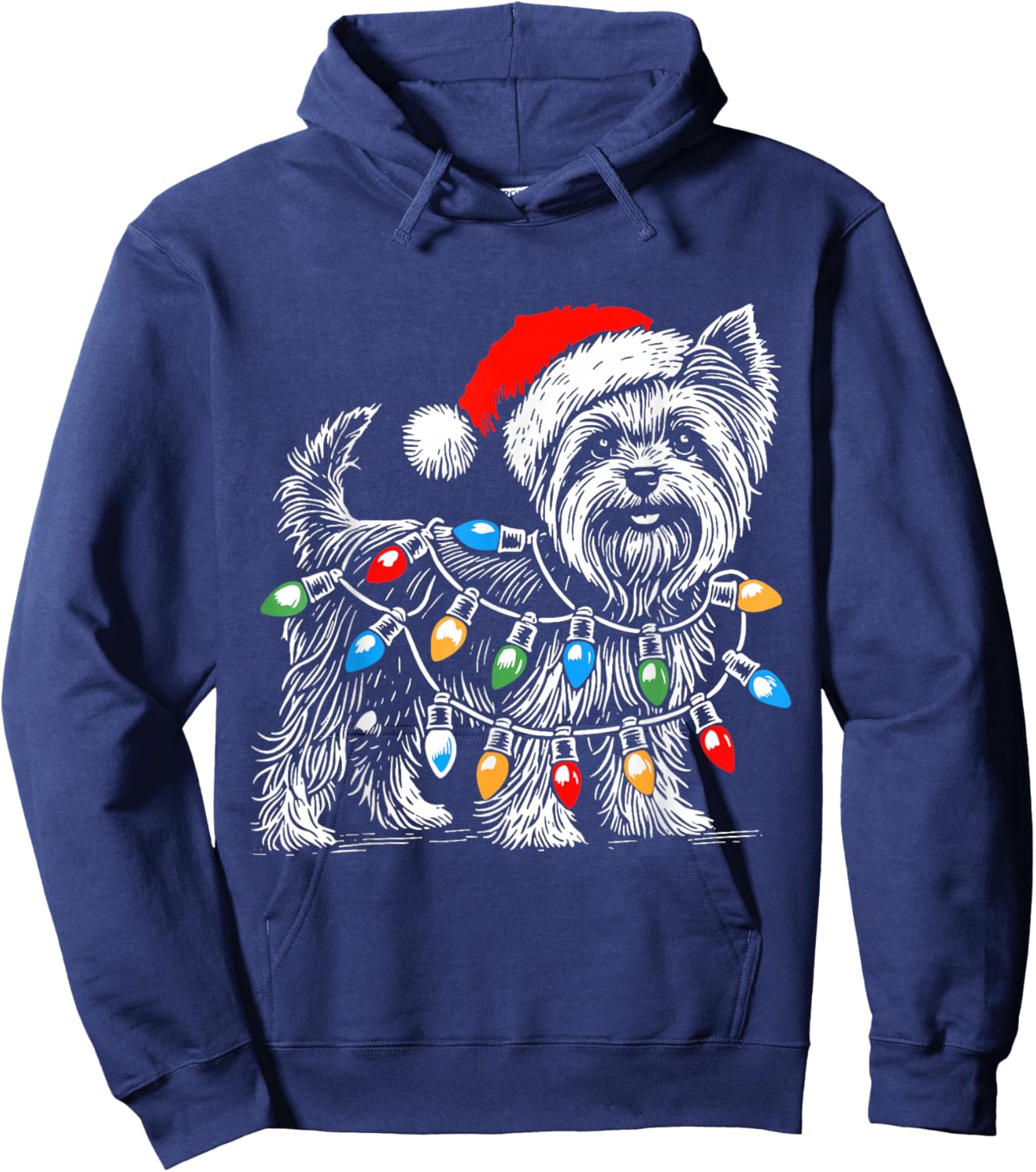 Yorkshire Terrier Christmas Lights Decorations Yorkie Dog PJ Hoodie - Hoodie | Navy