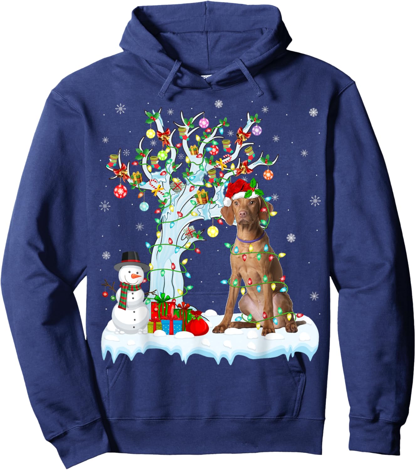Vizsla Dog Xmas Lighting Tree Santa Hat Vizsla Christmas Men Women Kids Hoodie - Hoodie | Navy