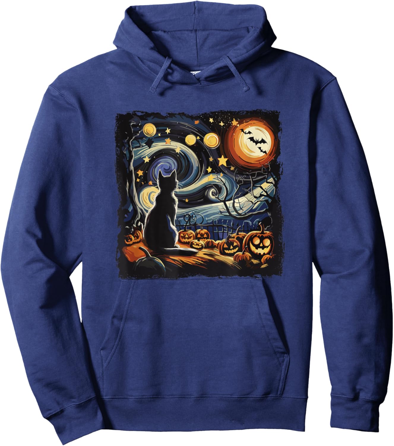 Halloween Van Gogh Starry Night Black Cat Pumpkins And Bats Hoodie - Hoodie | Navy