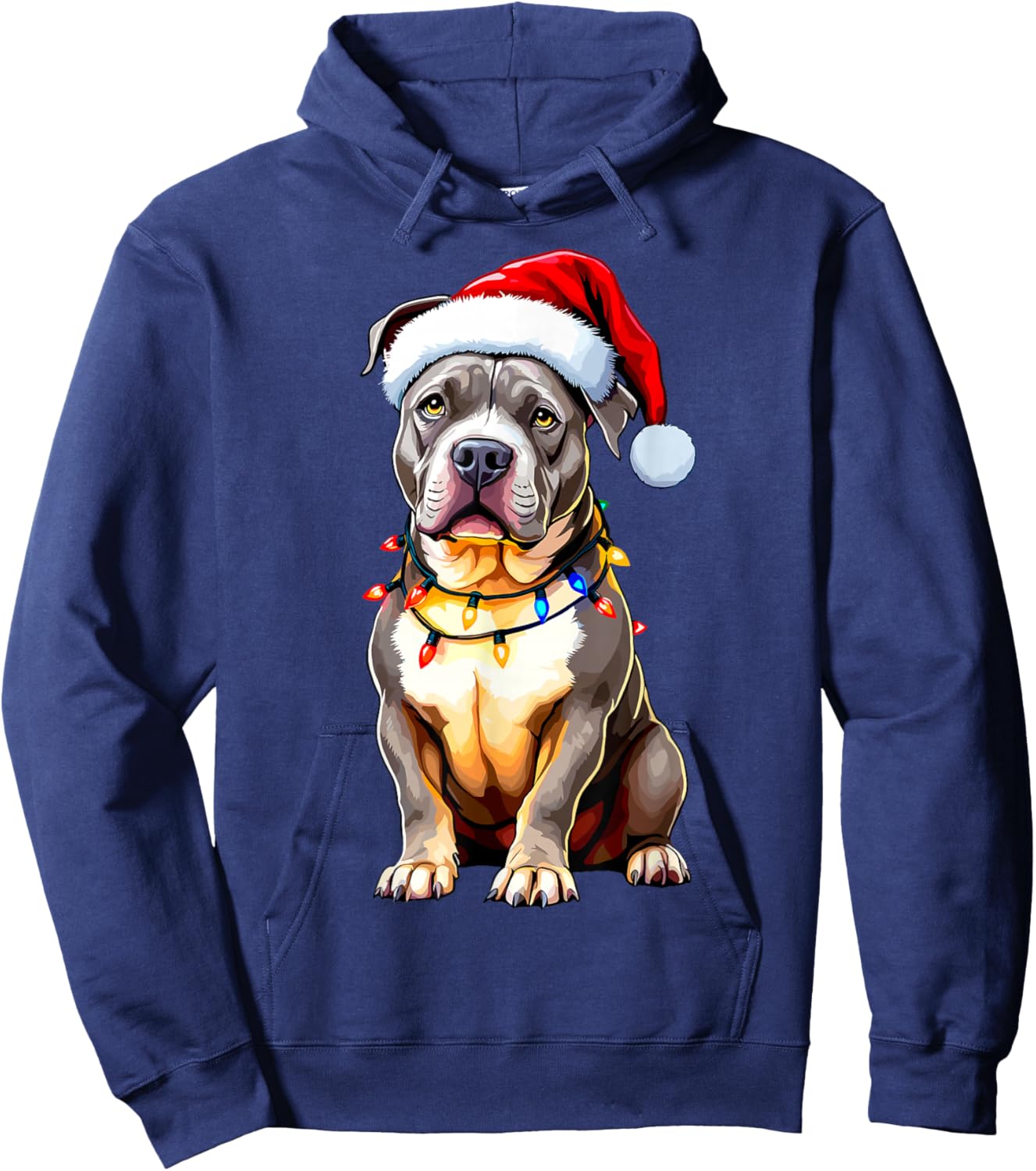 Funny Pitbull Pittie Santa Dog Lover Xmas Christmas Lights Women Kids Hoodie - Hoodie | Navy