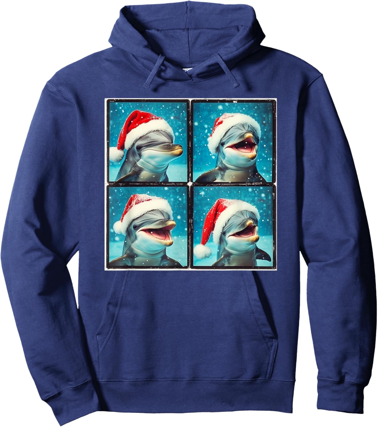 Xmas Dolphin Photo Booth , Black, Small, Short Sleeve Hoodie - Hoodie | Navy