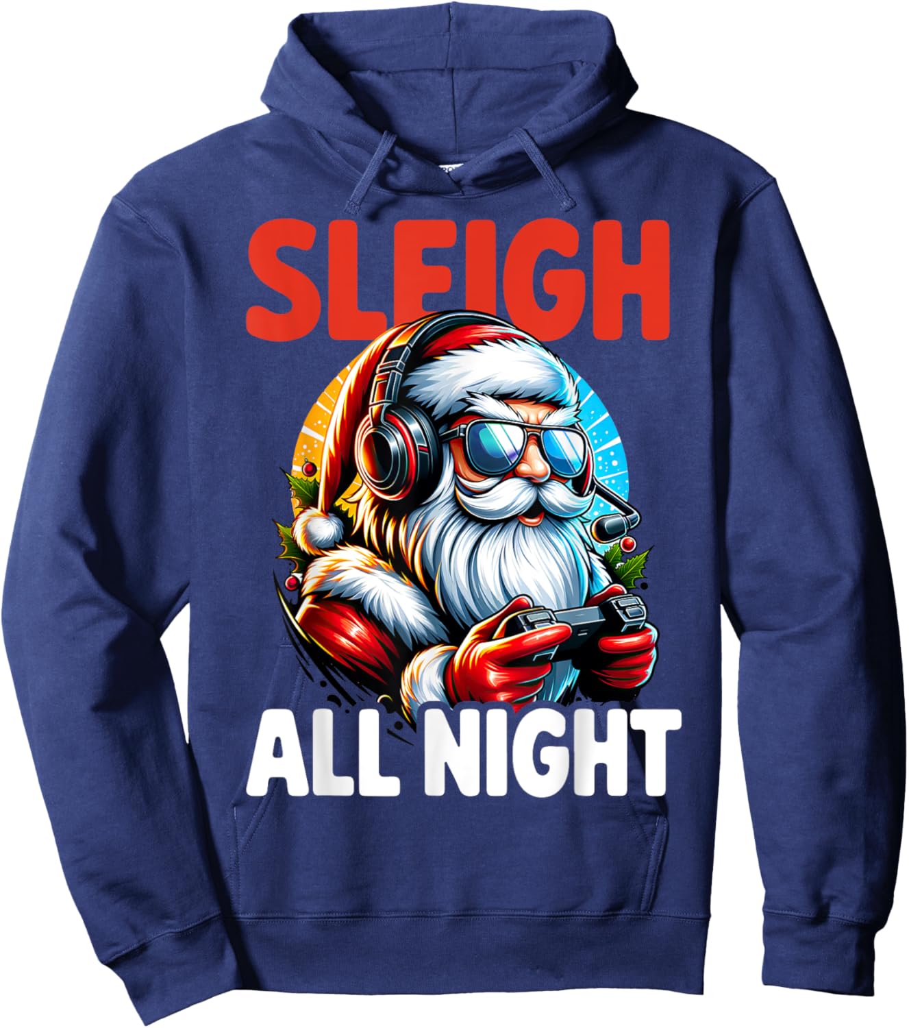 Christmas Gamer Boys Sleigh All Night Video Game Santa Xmas Hoodie - Hoodie | Navy