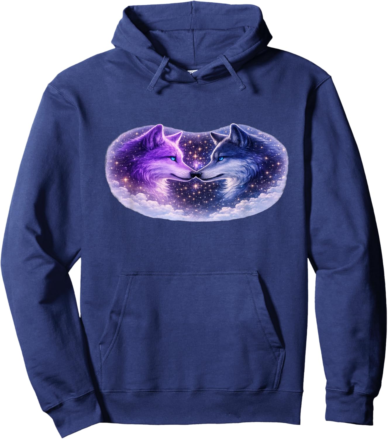 Celestial Purple Blue Wolves Cosmic Spirit Wolf Art T-Shirt - Hoodie | Navy