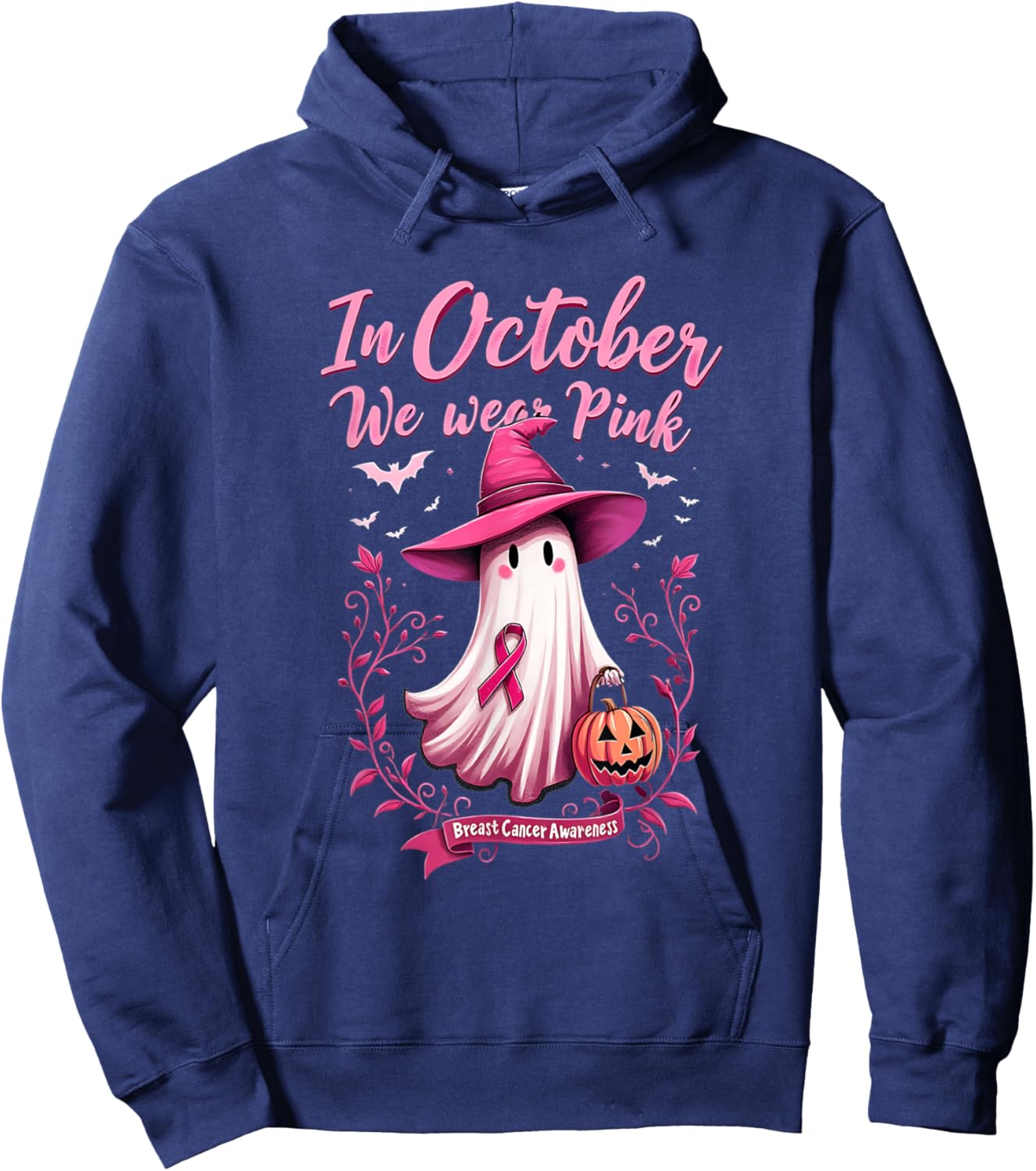 Cute We Wear Pink Ghost Witch Hat Breast Cancer Awareness Hoodie - Hoodie | Navy