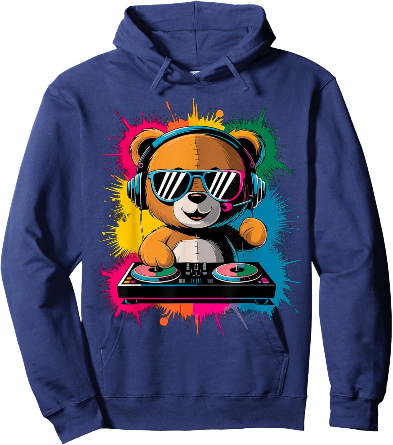 Magical and Funny DJ Gifts Colorful DJ Teddy Bear , Children's , Black, Small, Short Sleeve, Cotton Blend, Cartoon, Classic Fit, Imported Hoodie - Hoodie | Navy