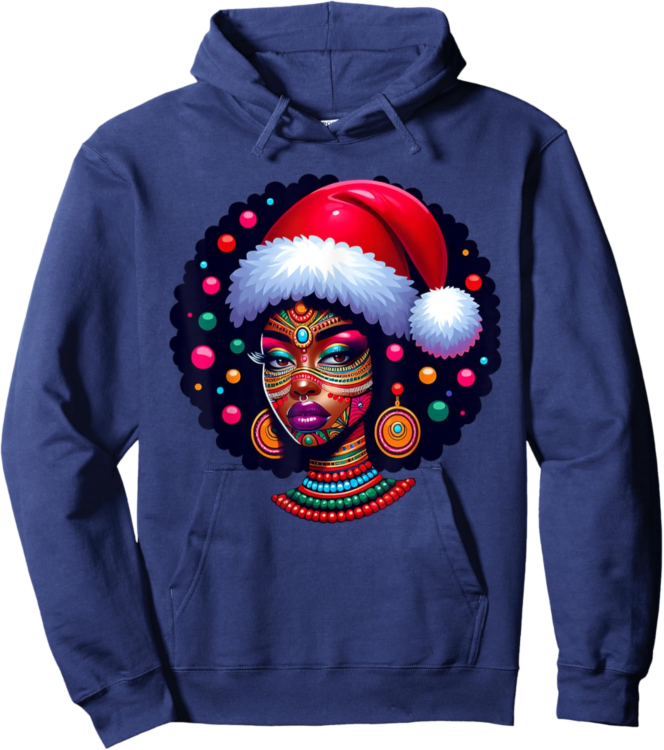 Cute Christmas Santa Pajama African American Afro Black Girl Hoodie - Hoodie | Navy
