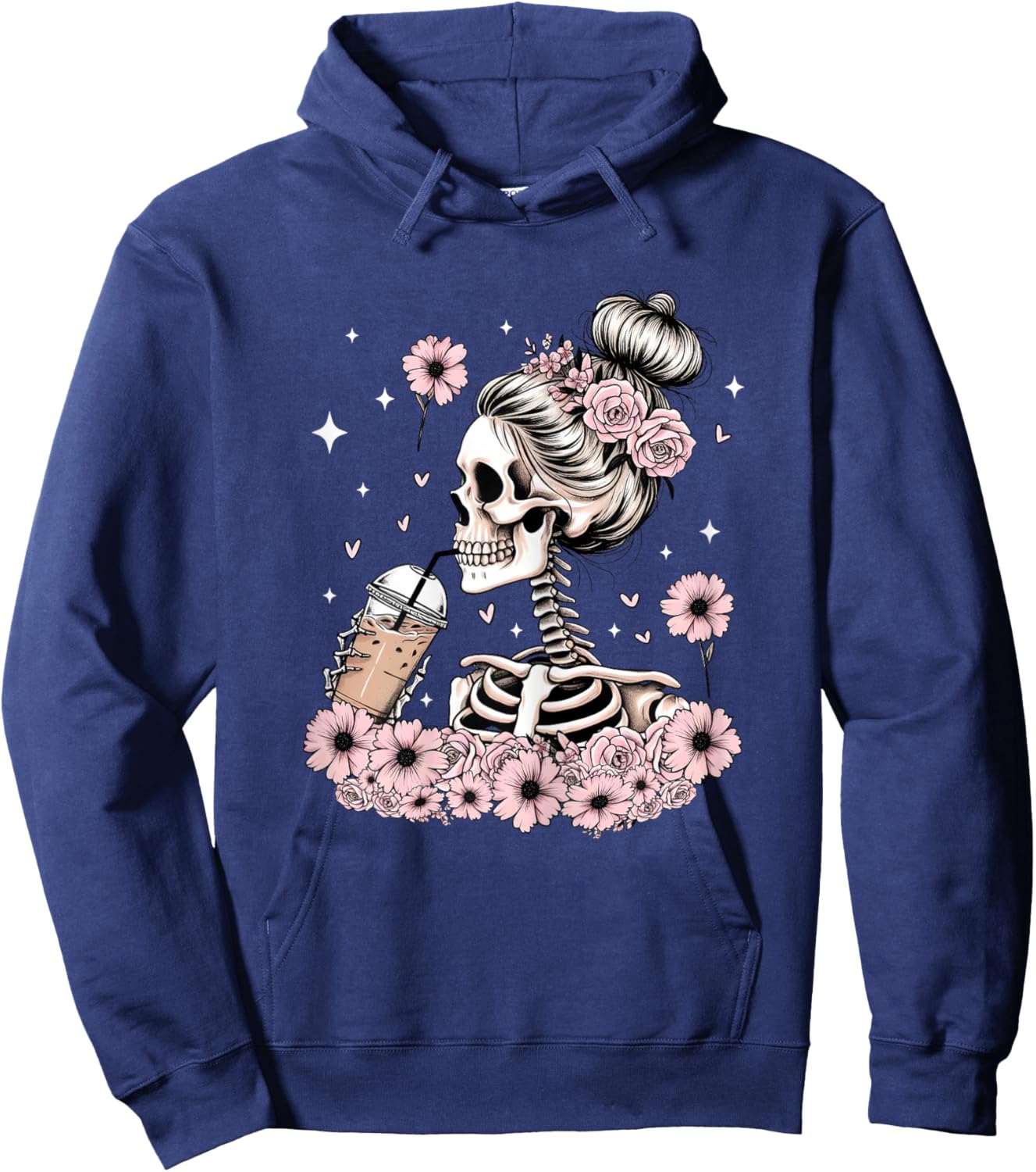 Halloween Skeleton Messy Bun Coffee Funny Costume Mom Women Hoodie - Hoodie | Navy