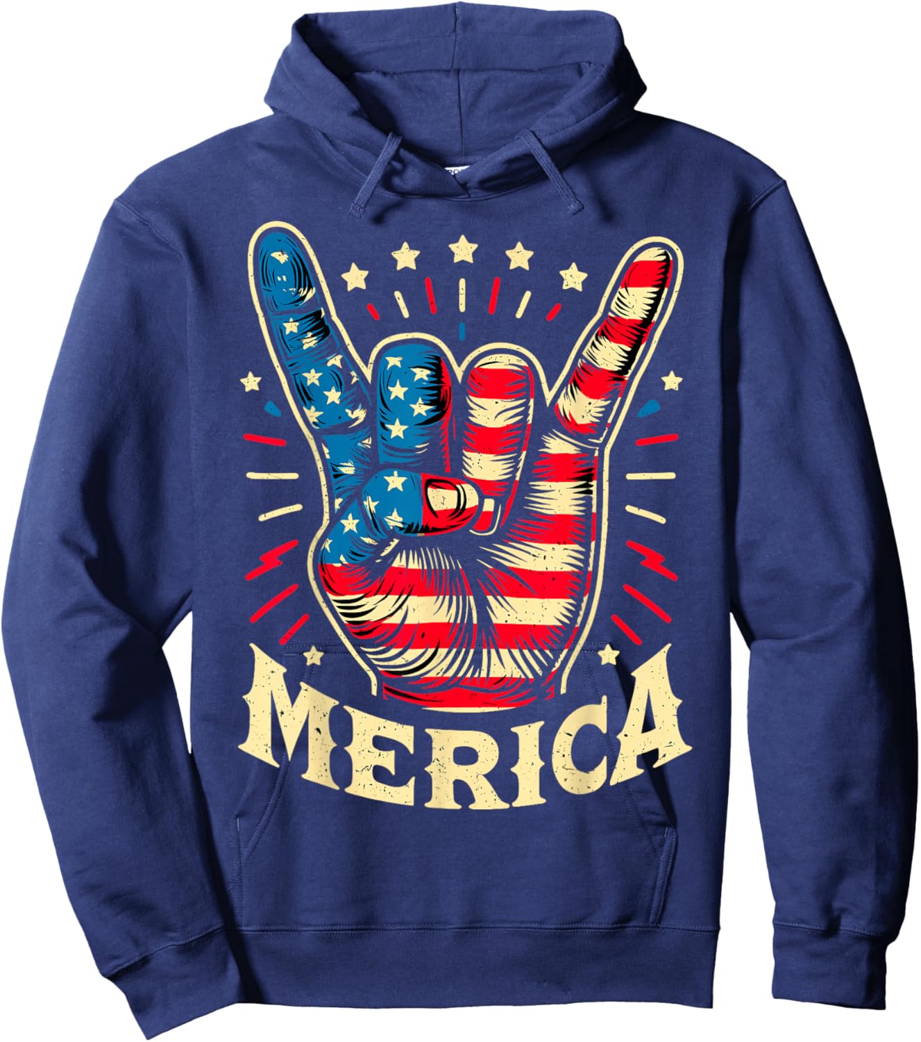 Merica 4th of July Rock and Roll USA Flag Hoodie - Hoodie | Navy