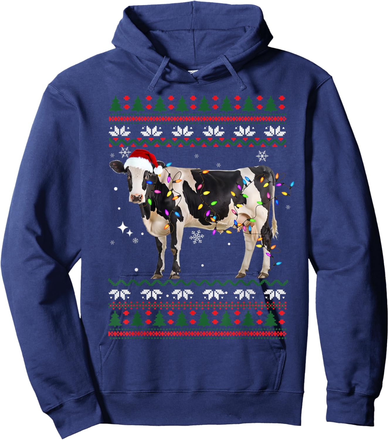 Funny Ugly Xmas Sweater Dairy Cow Farmer Lights Christmas Hoodie - Hoodie | Navy