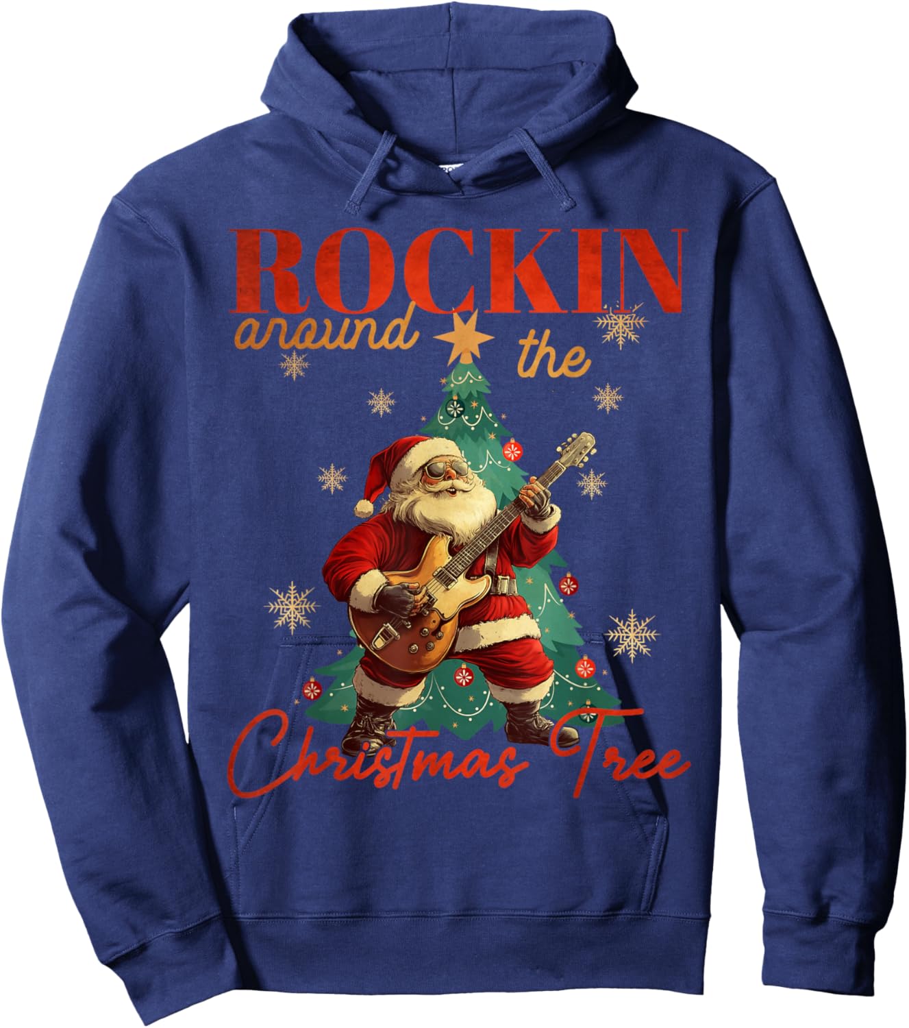 Rocking Around The Christmas Tree Santa Rock and Roll Guitar Hoodie - Hoodie | Navy