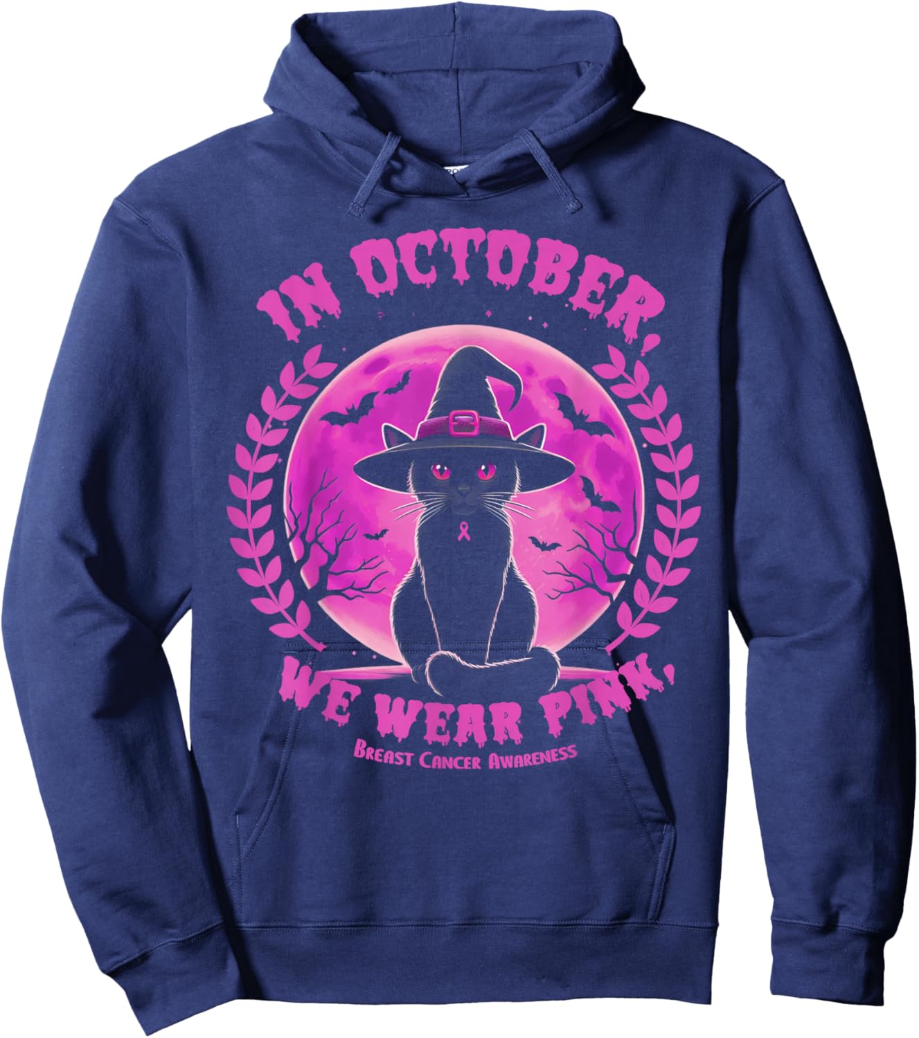 In October We Wear Pink Witch Cat Halloween Breast Cancer Hoodie - Hoodie | Navy