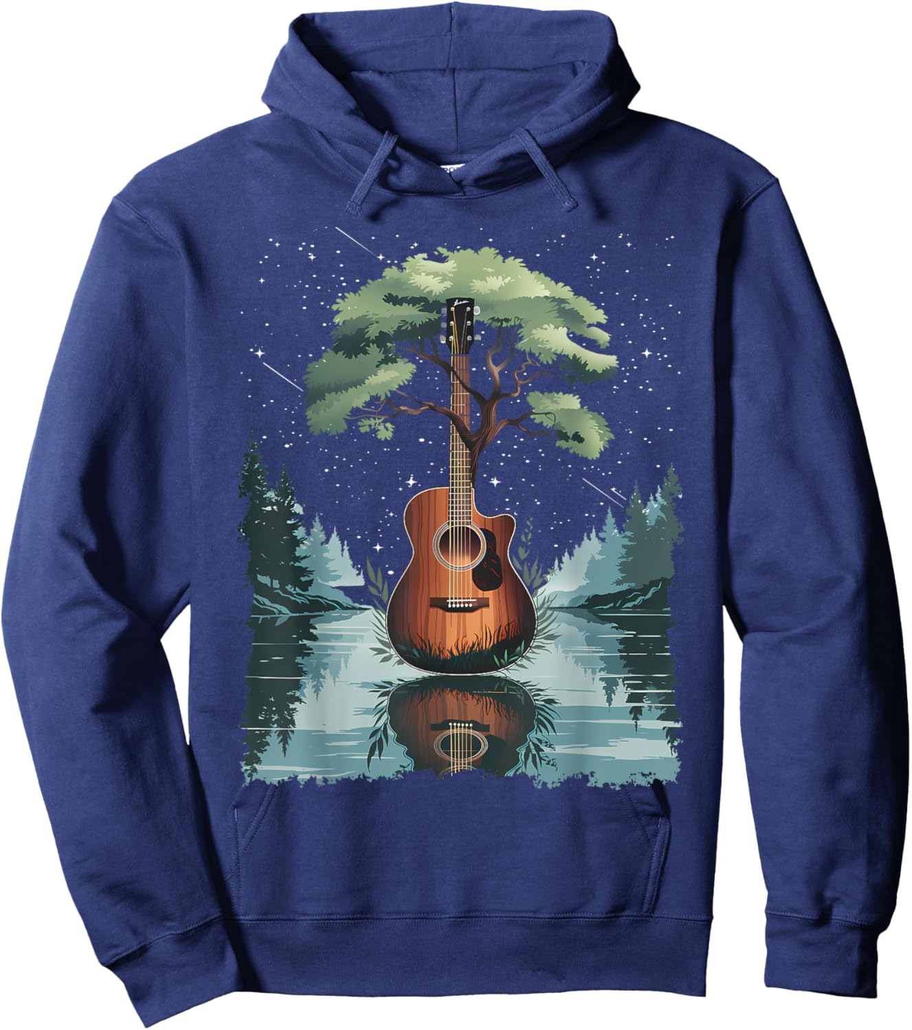 Acoustic Guitar Tree and Moon By The Lake Guitarist Hoodie - Hoodie | Navy