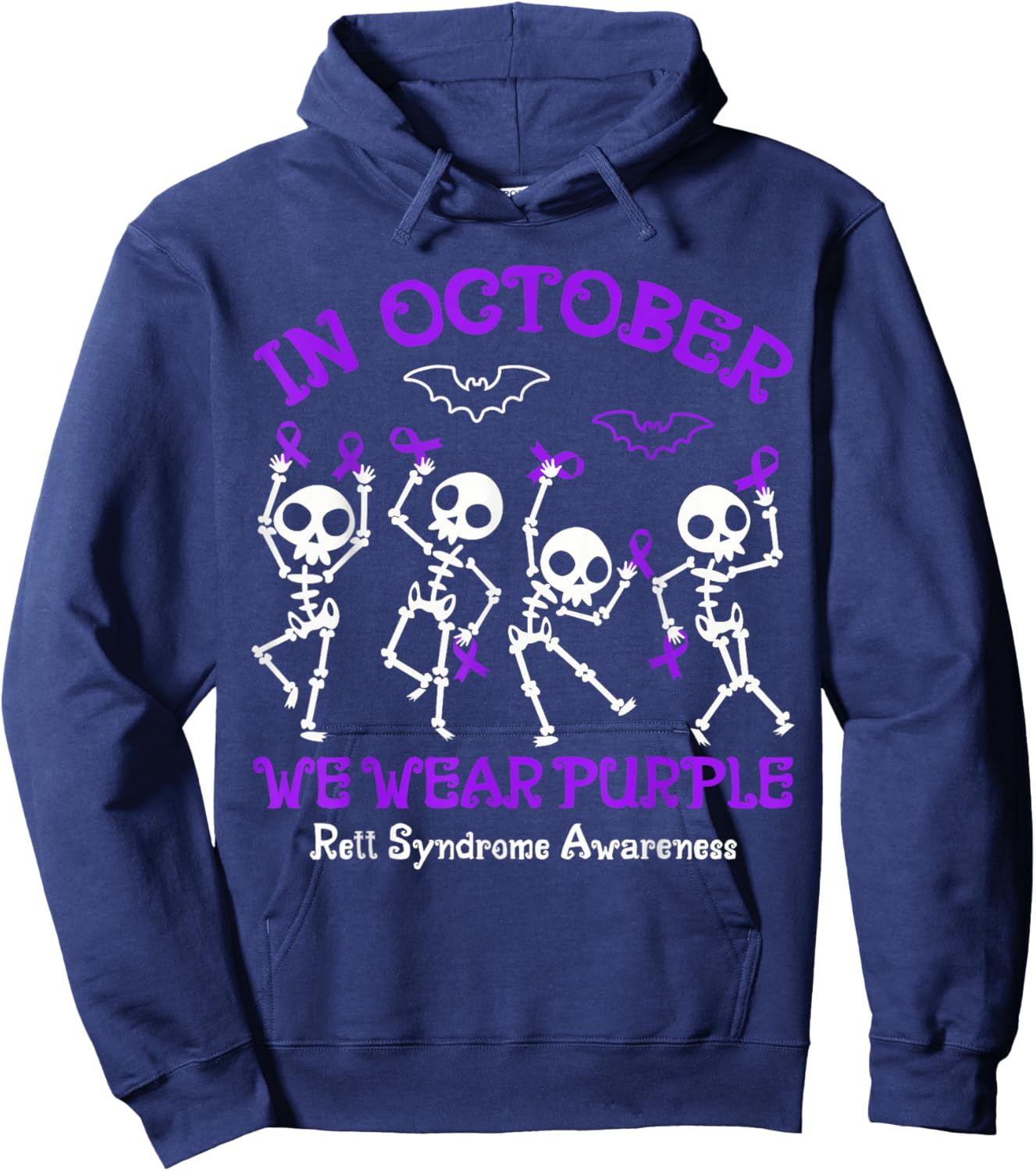 In October We Wear Purple Rett Syndrome Awareness Skeletons Hoodie - Hoodie | Navy