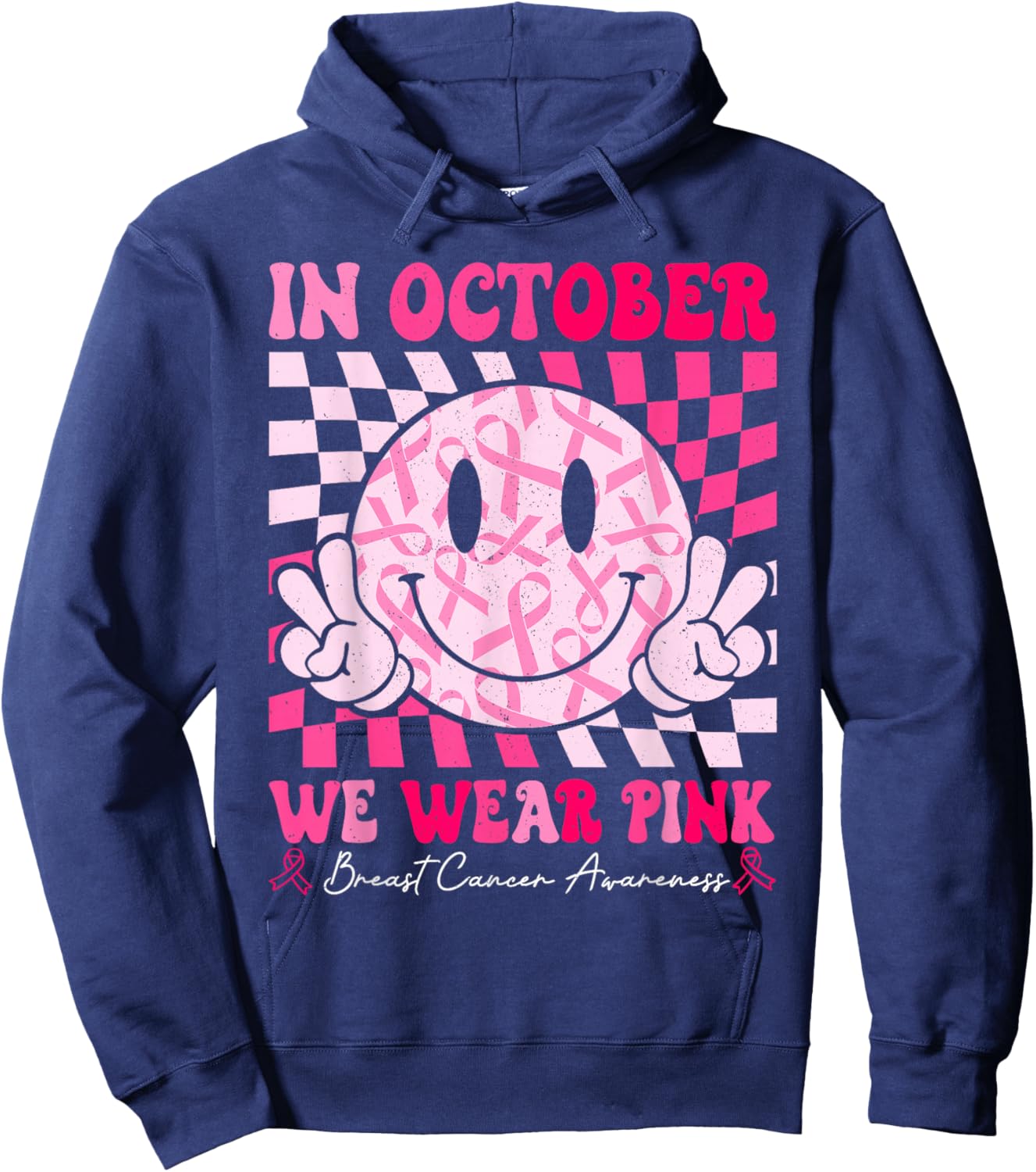 Retro In October We Wear Pink Breast Cancer Awareness Ribbon Hoodie - Hoodie | Navy