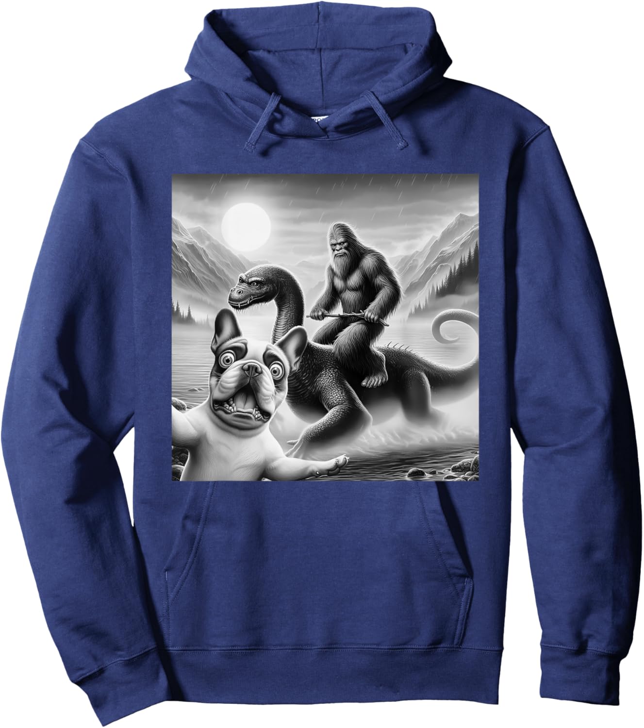 Funny French bulldog Selfie with bigfoot riding loch Ness Women Kids Hoodie - Hoodie | Navy