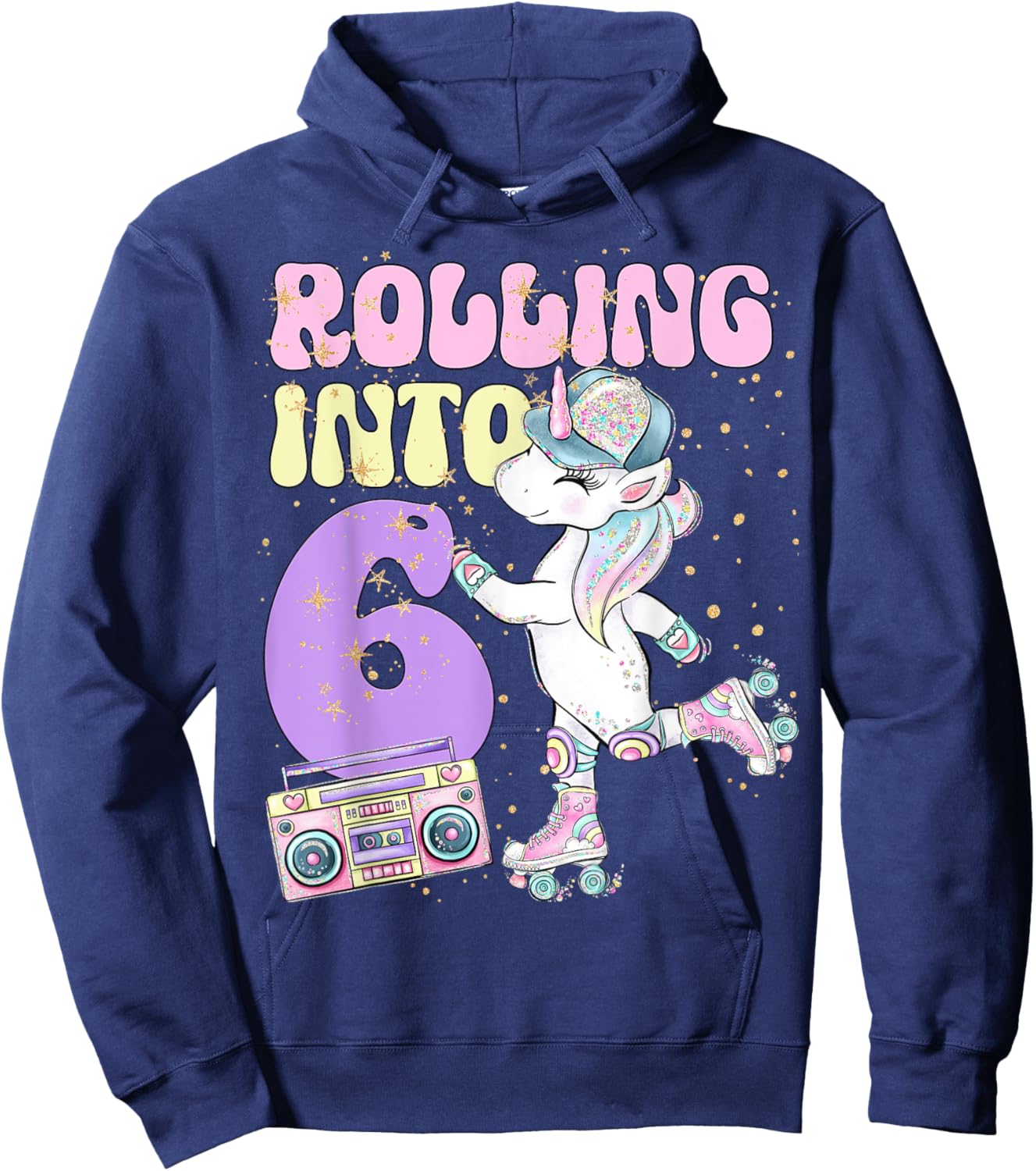 6th Birthday Roller Skate Party Unicorn Retro 90s Skating Hoodie - Hoodie | Navy