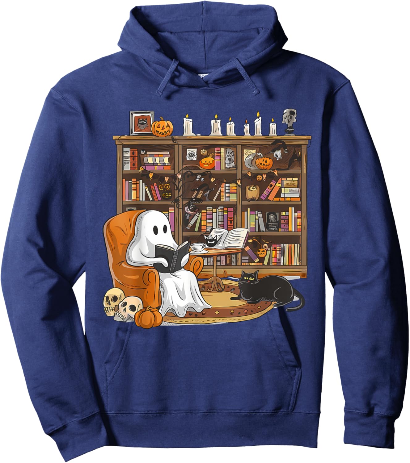 Cute Ghost Reading Books with Black Cat Halloween Book lover Women Kids Hoodie - Hoodie | Navy