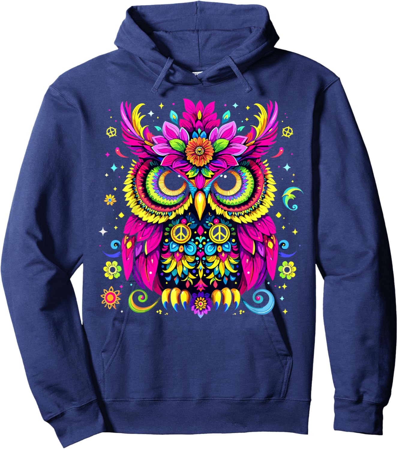 Trippy EDM Peace Owl Hippie Psychedelic Hoodie - Hoodie | Navy