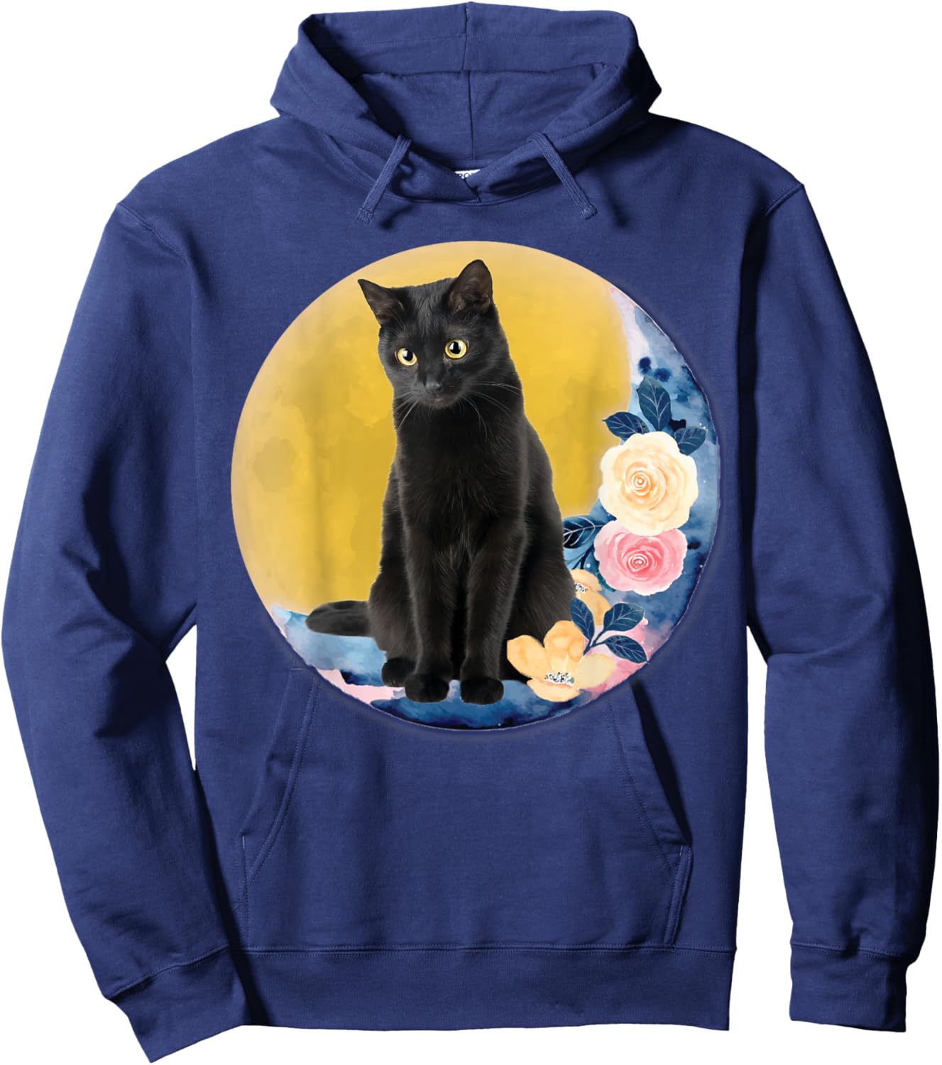 Cute Cat Motif Cat On Crescent Moon With Flowers Moonlight Men Women Kids Hoodie - Hoodie | Navy