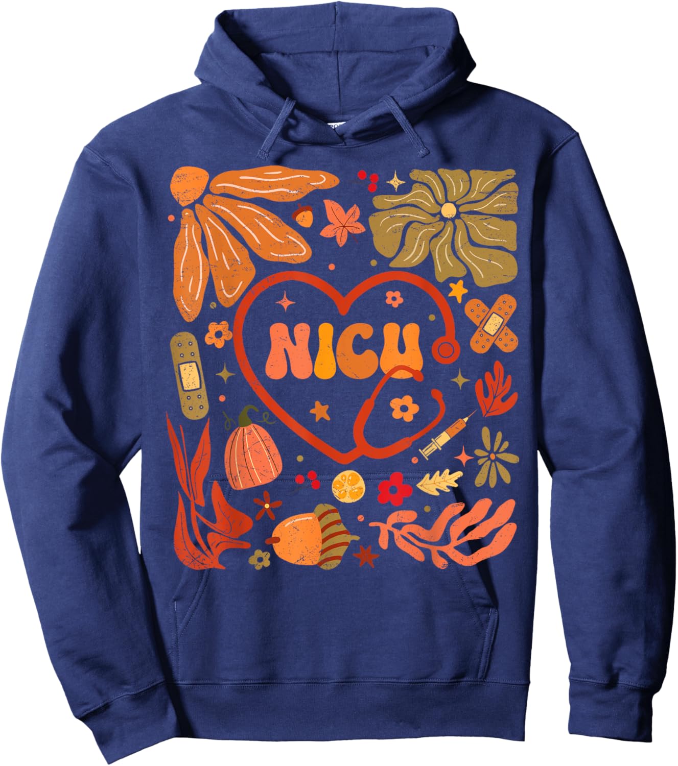 NICU Nurse Heart Pumpkin Boho Flower Thanksgiving Hoodie - Hoodie | Navy