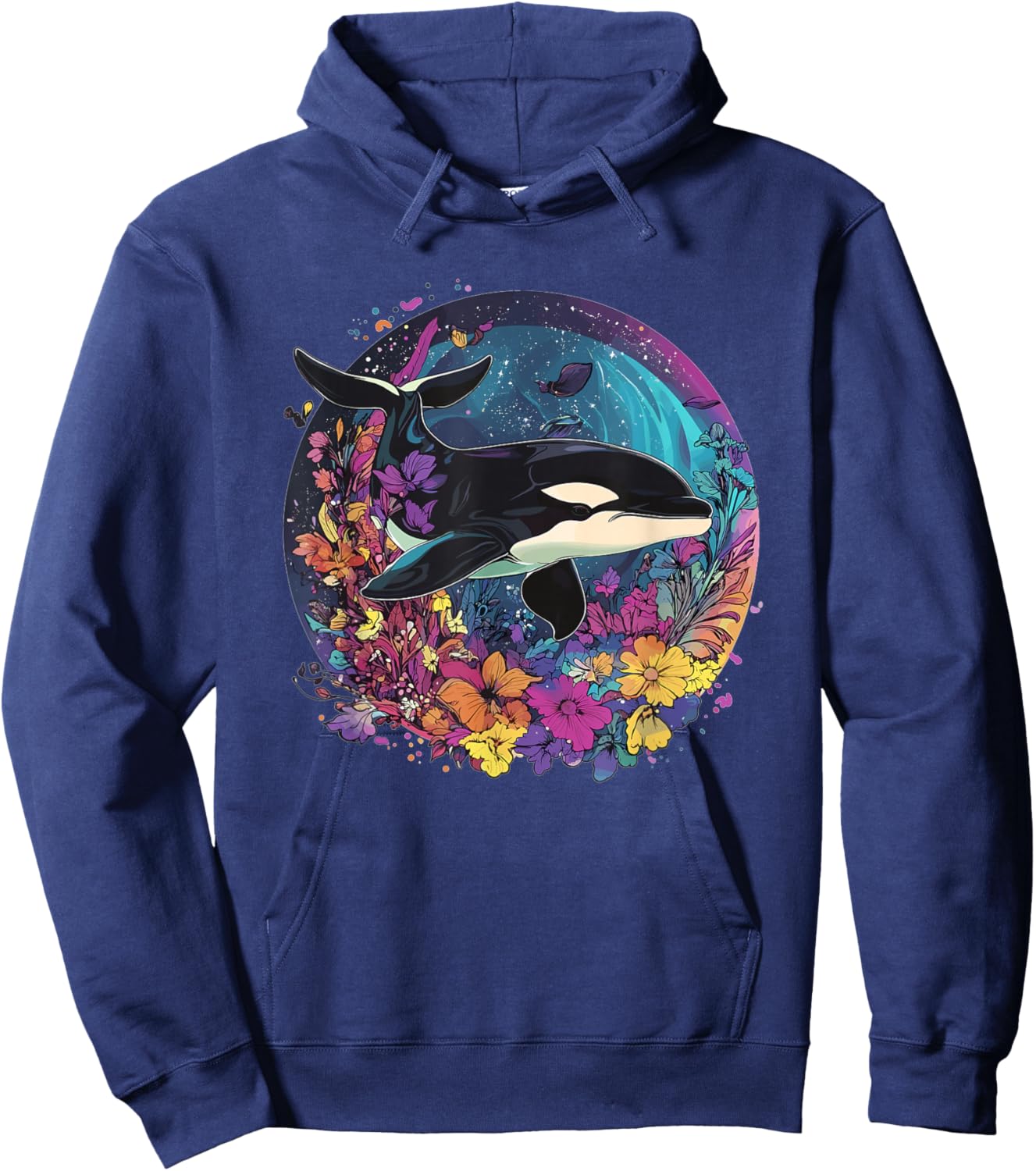 Orca Whale Surrounded By Vibrant Flowers Hoodie - Hoodie | Navy
