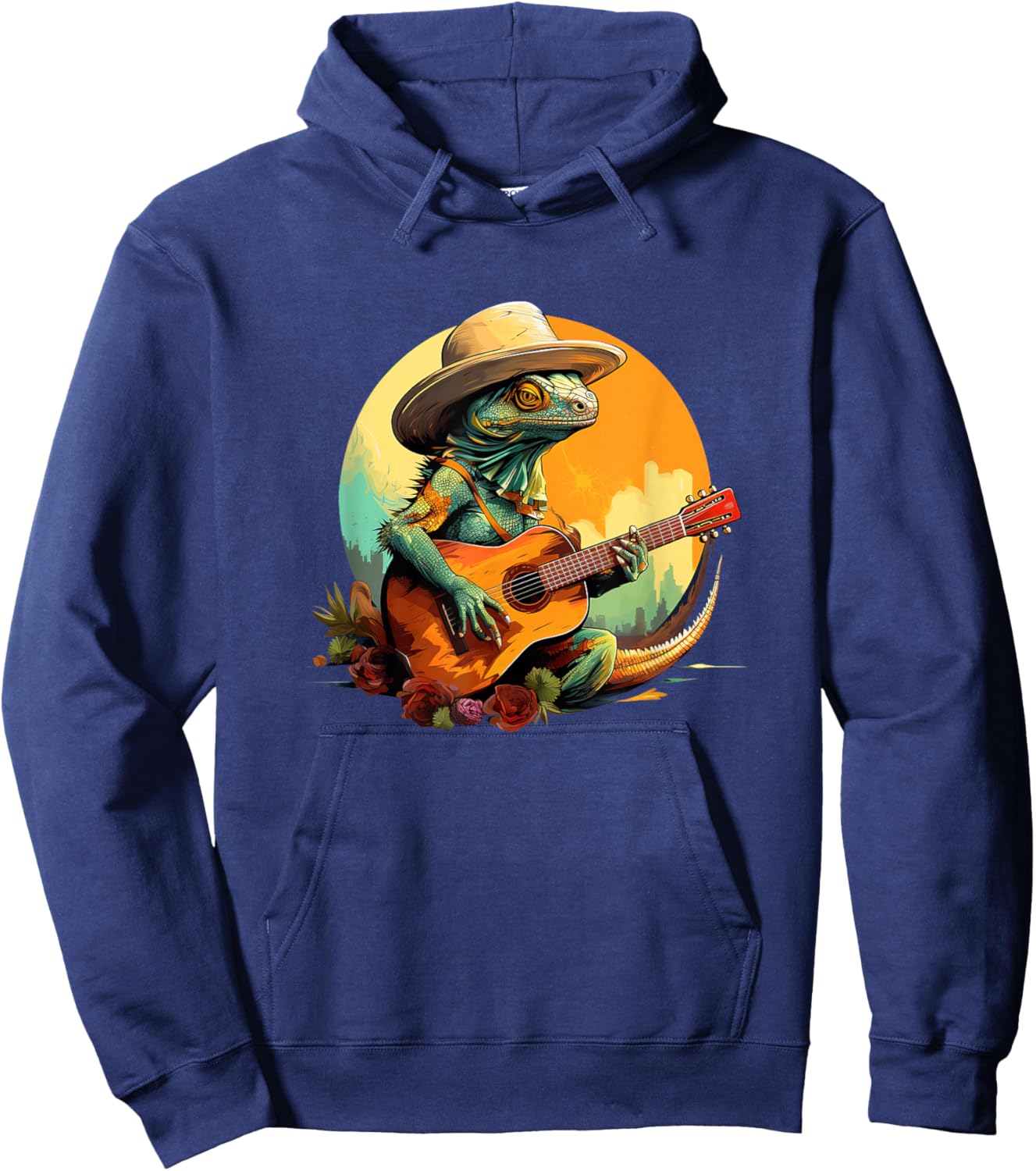 Cowboy Country Iguana Lizard Playing Guitar - Mexico Vintage Hoodie - Hoodie | Navy