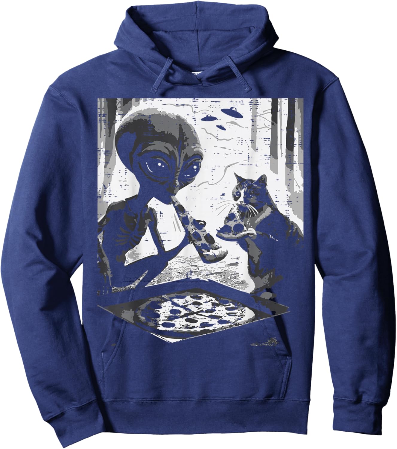 Alien And Cat Eating Pizza Funny Snack Food Men Women Kids Hoodie - Hoodie | Navy