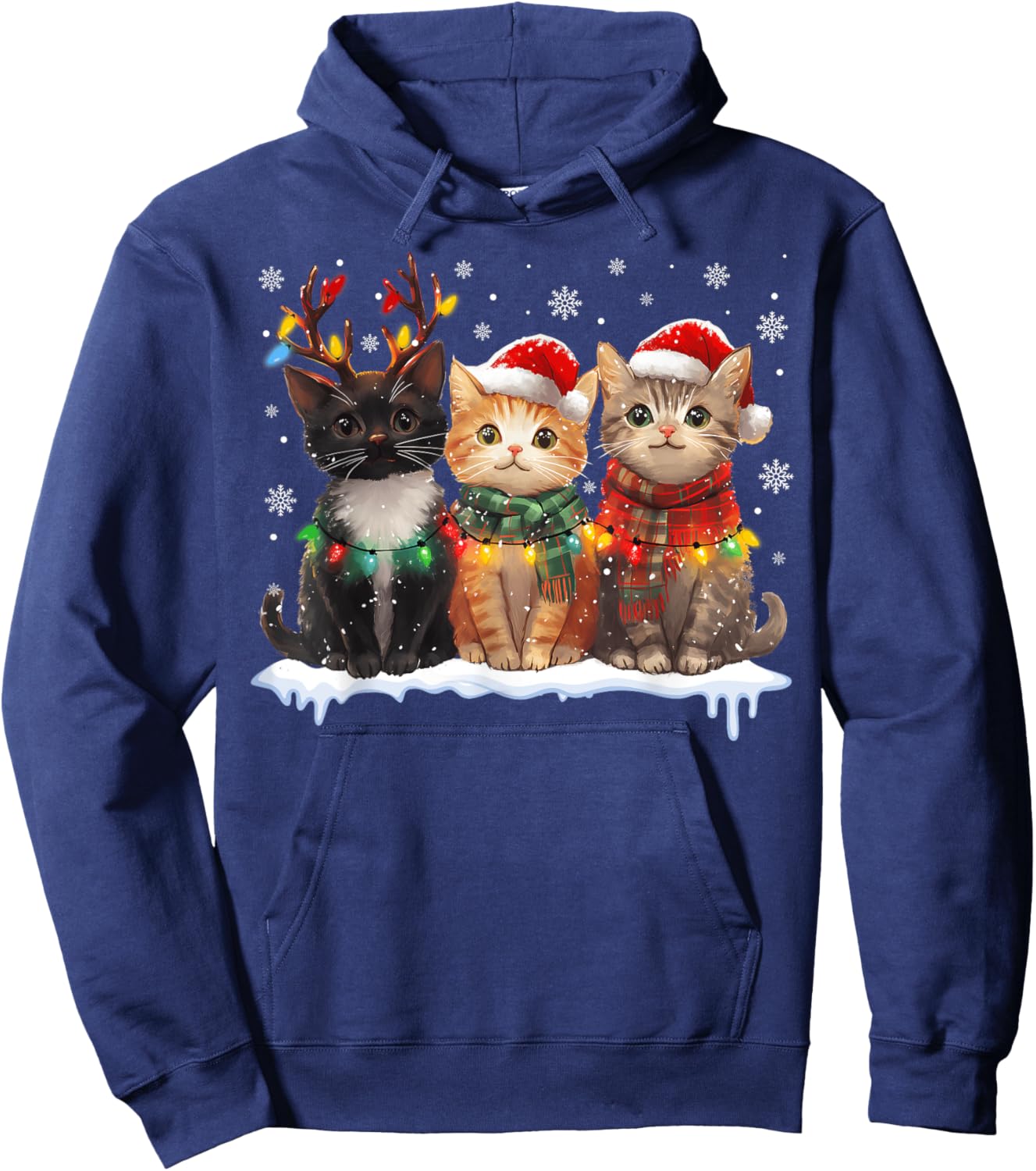 Santa Cat Light Reindeer Christmas Cat Lover Pajamas Hoodie - Hoodie | Navy