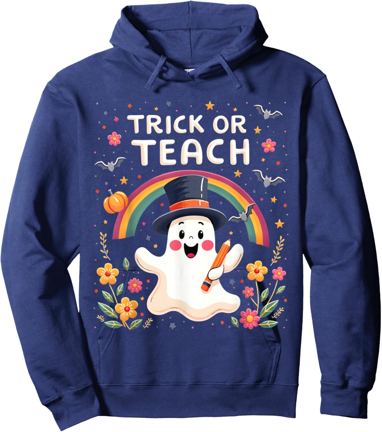 Trick Or Teach Cute Halloween Ghost Theme Hoodie - Hoodie | Navy