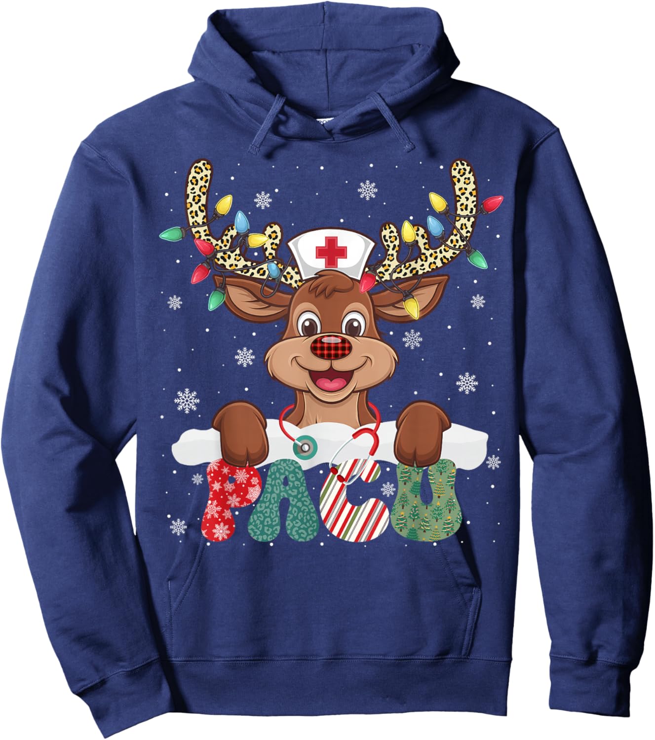 PACU Nurse Reindeer Nurse Hat Christmas Light Women Girl Hoodie - Hoodie | Navy