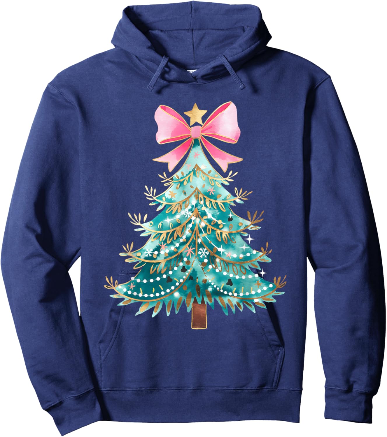 Christmas Tree Bow Pink Christmas Coquette Bow Xmas Holiday Hoodie - Hoodie | Navy