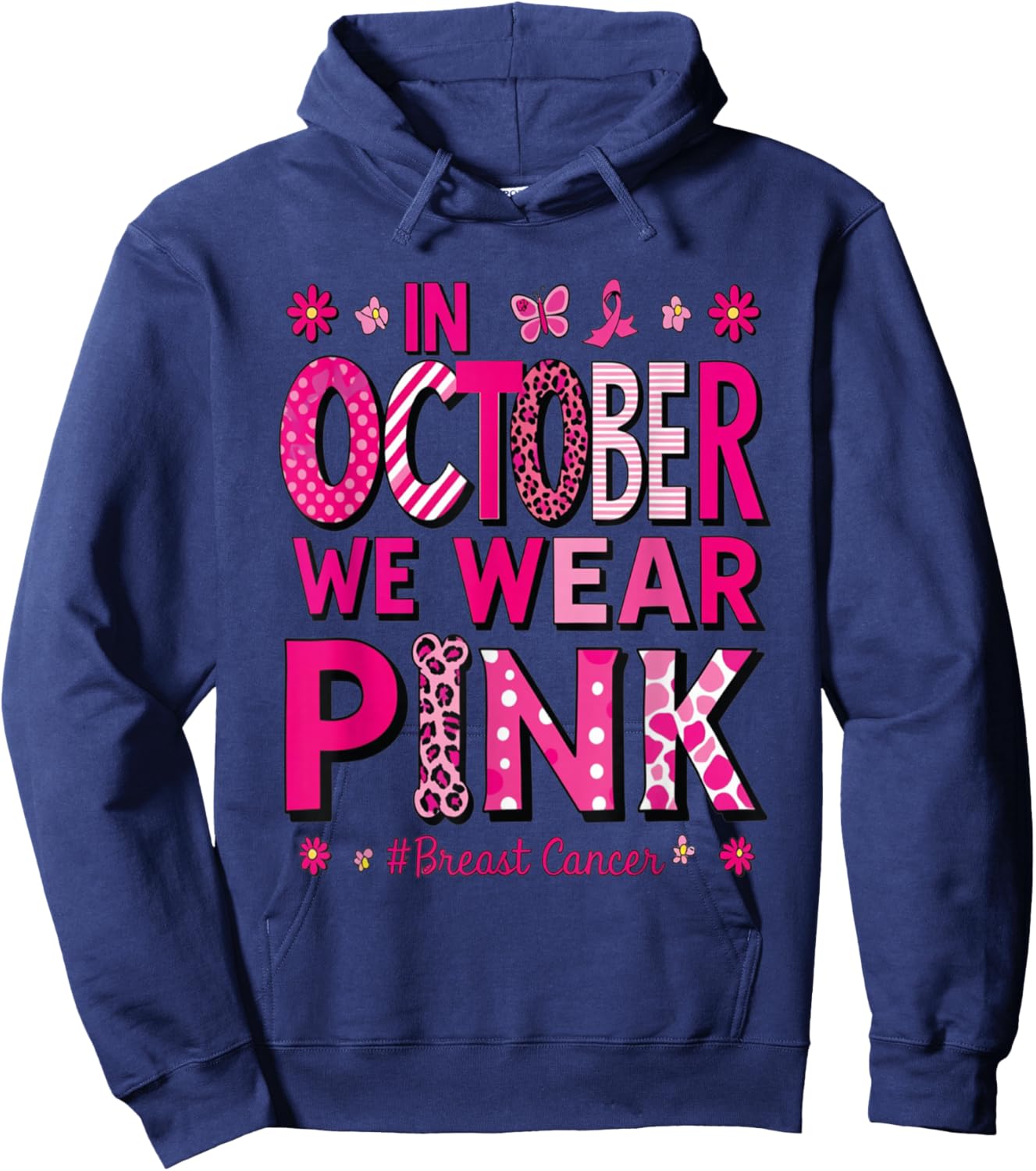 In October We Wear Pink Rainbow Breast Cancer Awareness Hoodie - Hoodie | Navy