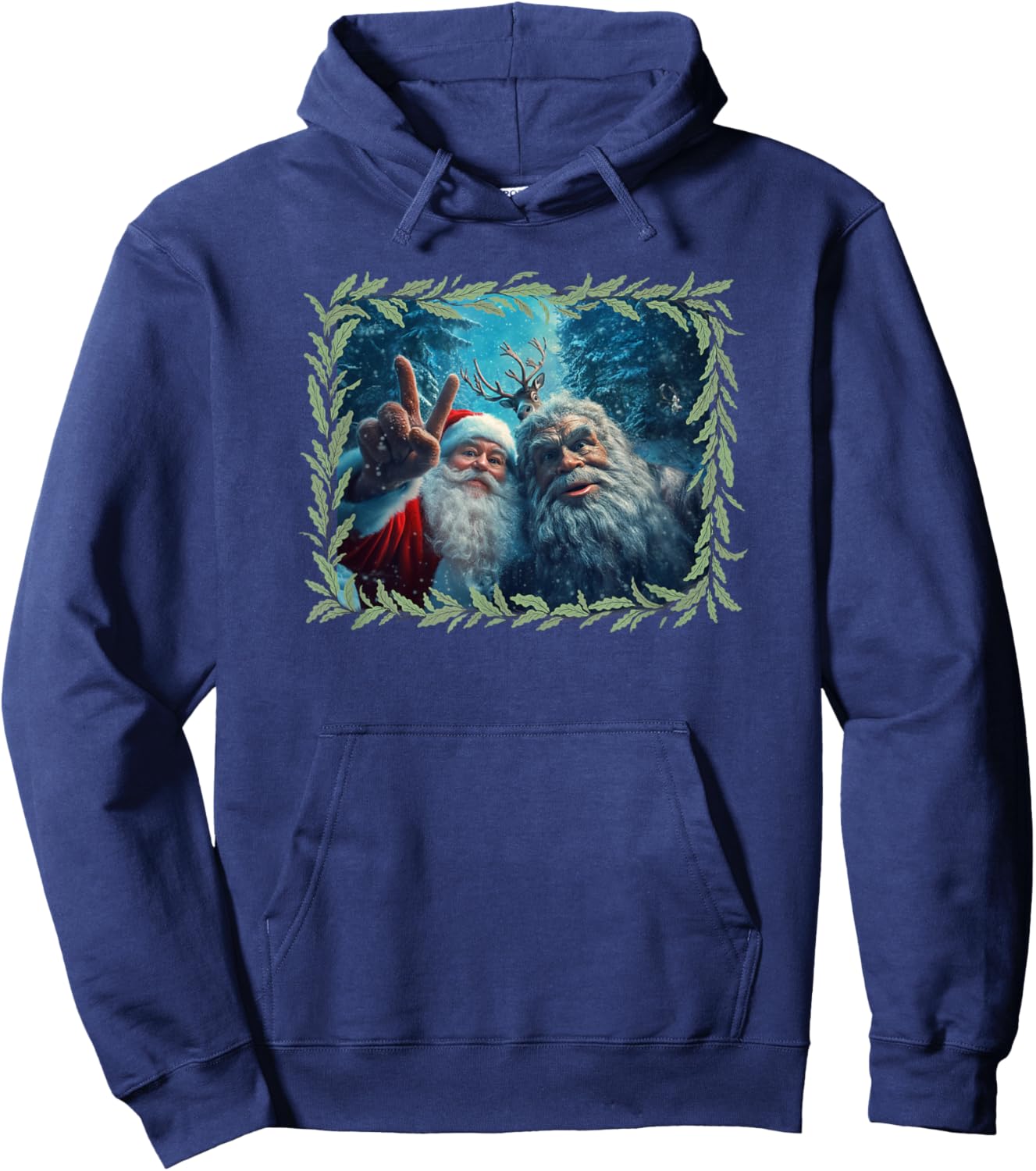 Funny Bigfoot Santa Selfie With Reindeer Sasquatch Bigfoot Hoodie - Hoodie | Navy