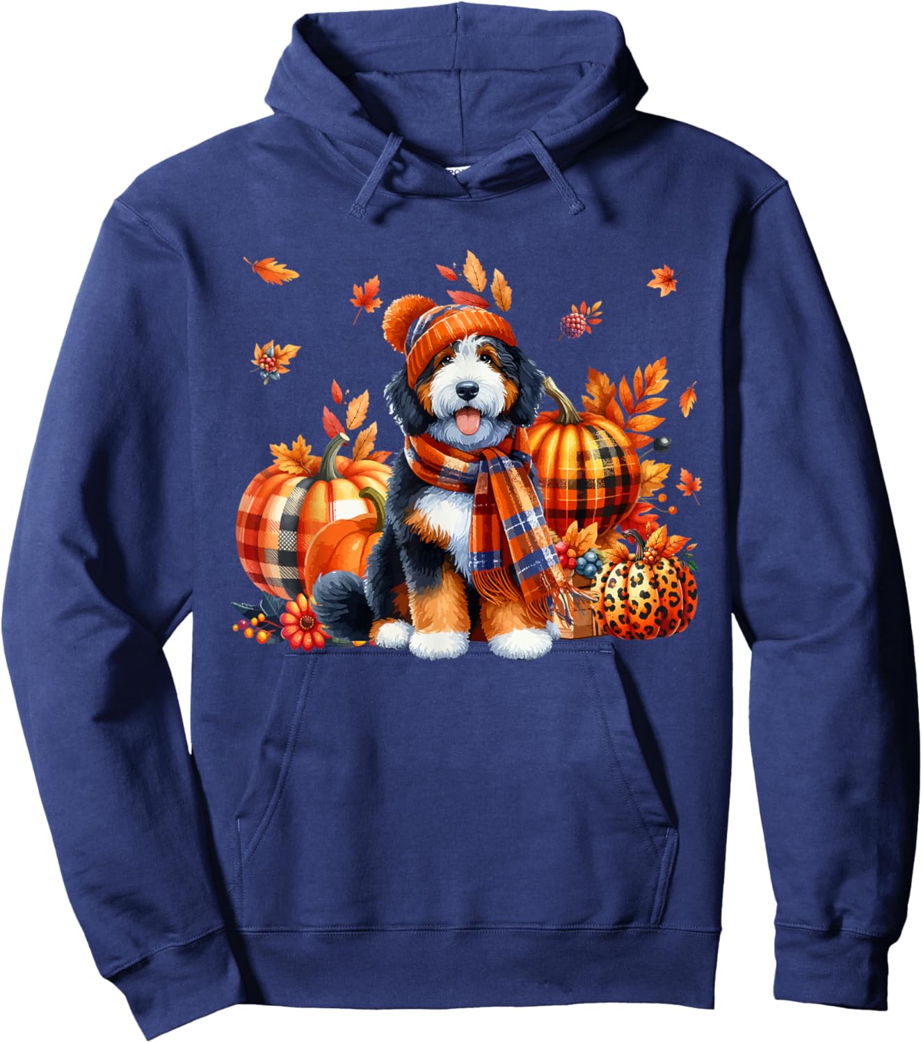 Bernedoodle Thanksgiving Leopard Pumpkins Fall Leaves Lover Hoodie - Hoodie | Navy