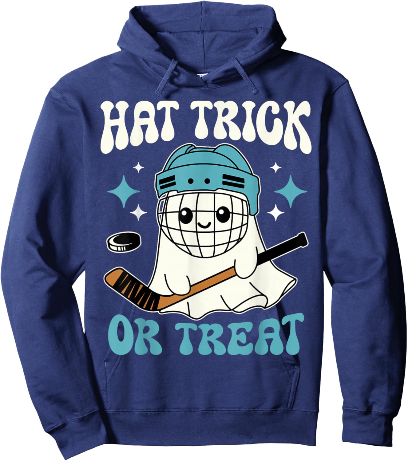 Hat Trick Or Treat Halloween Ice Hockey Player Ghost Hockey Hoodie - Hoodie | Navy