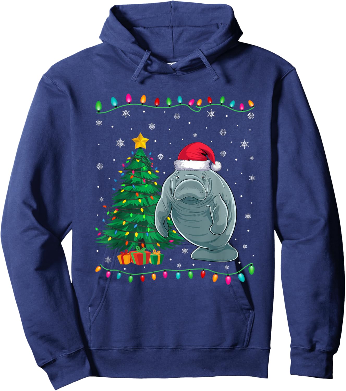 Manatee Santa Hat Men Women Kids Christmas Tree Lights Hoodie - Hoodie | Navy
