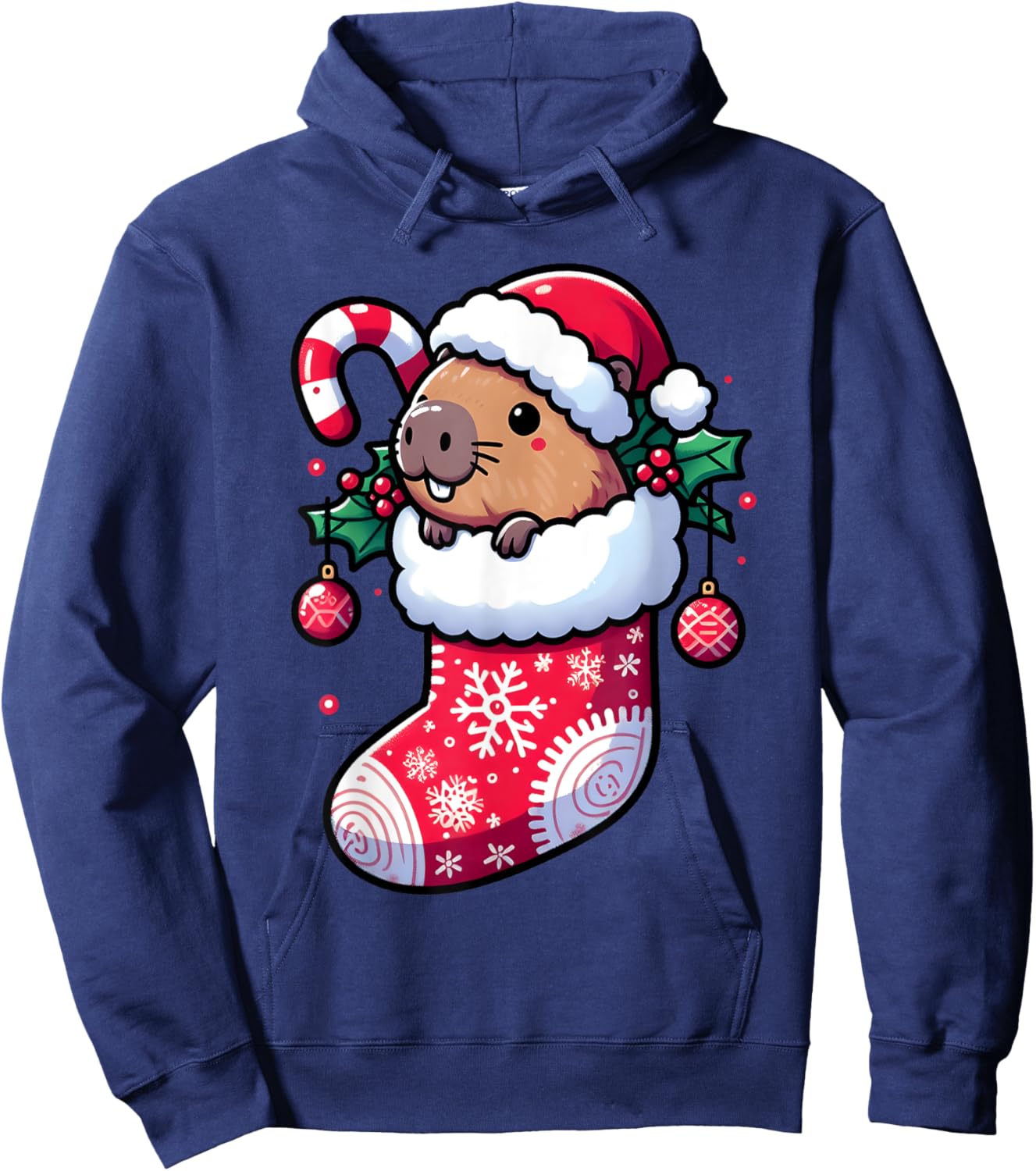 Cute Capybara Wearing Santa Hat in Christmas Stocking Pajama Hoodie - Hoodie | Navy