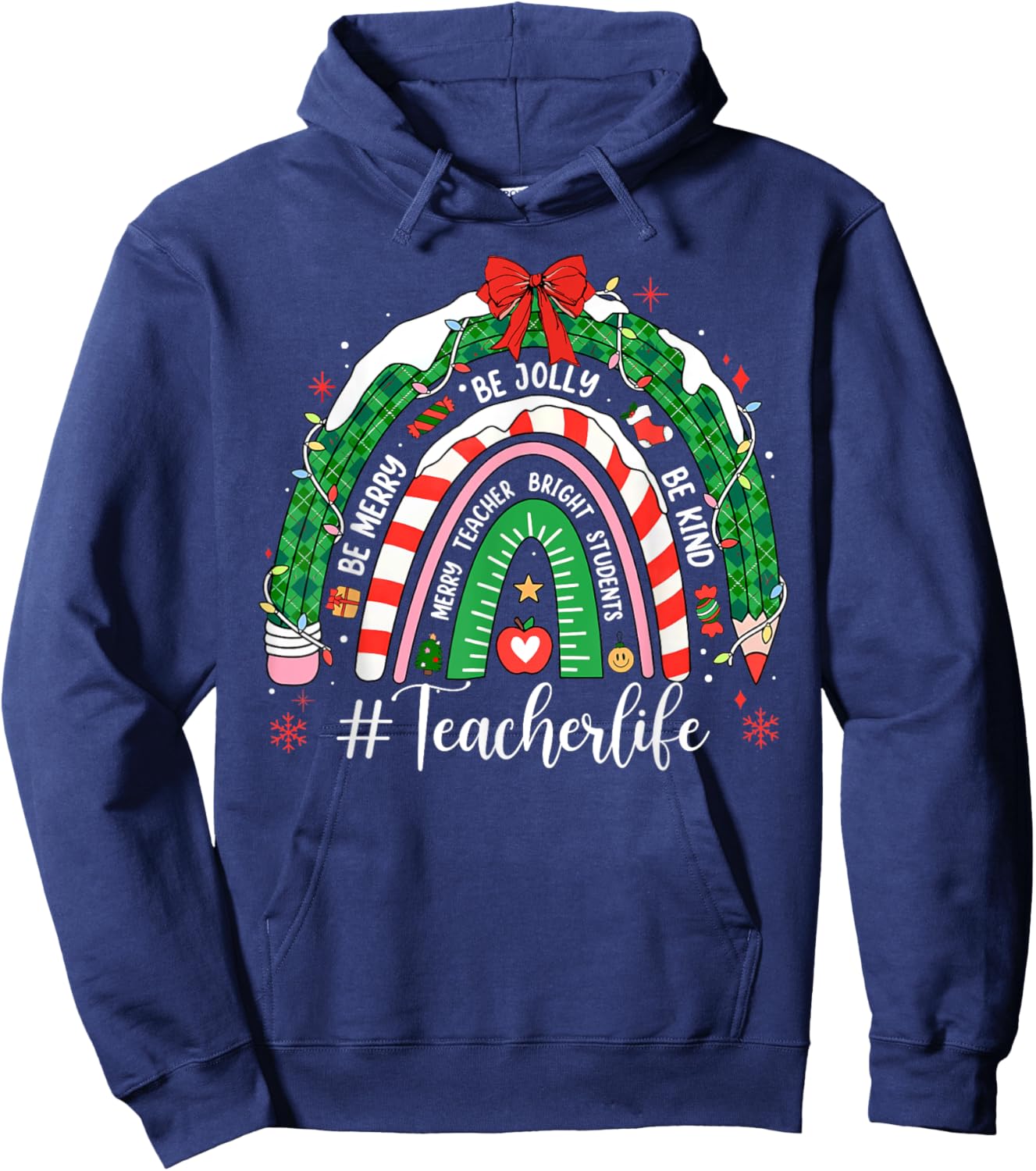 Teacher Life Christmas Rainbow Pencil Student School Xmas Hoodie - Hoodie | Navy