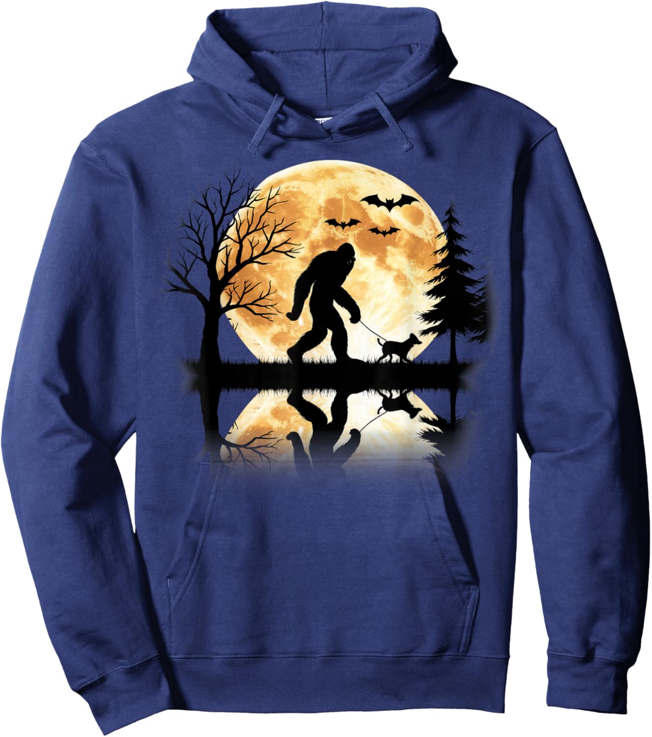 Bigfoot Walking With Dog Funny Halloween Moon Hoodie - Hoodie | Navy