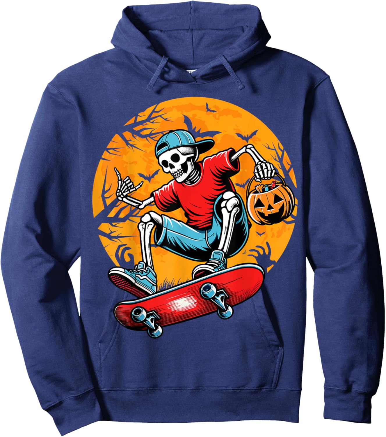 Skateboarding Skeleton Pumpkin Funny Skateboard Halloween Hoodie - Hoodie | Navy
