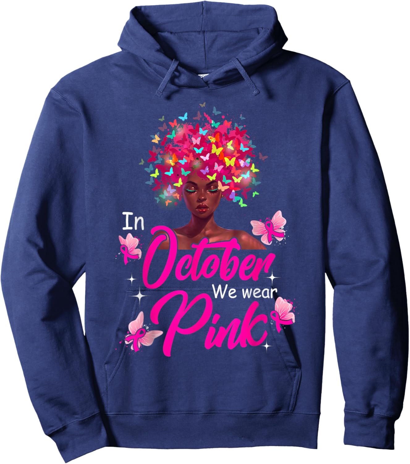 In October We Wear Pink Breast Cancer Awareness Black Women Hoodie - Hoodie | Navy
