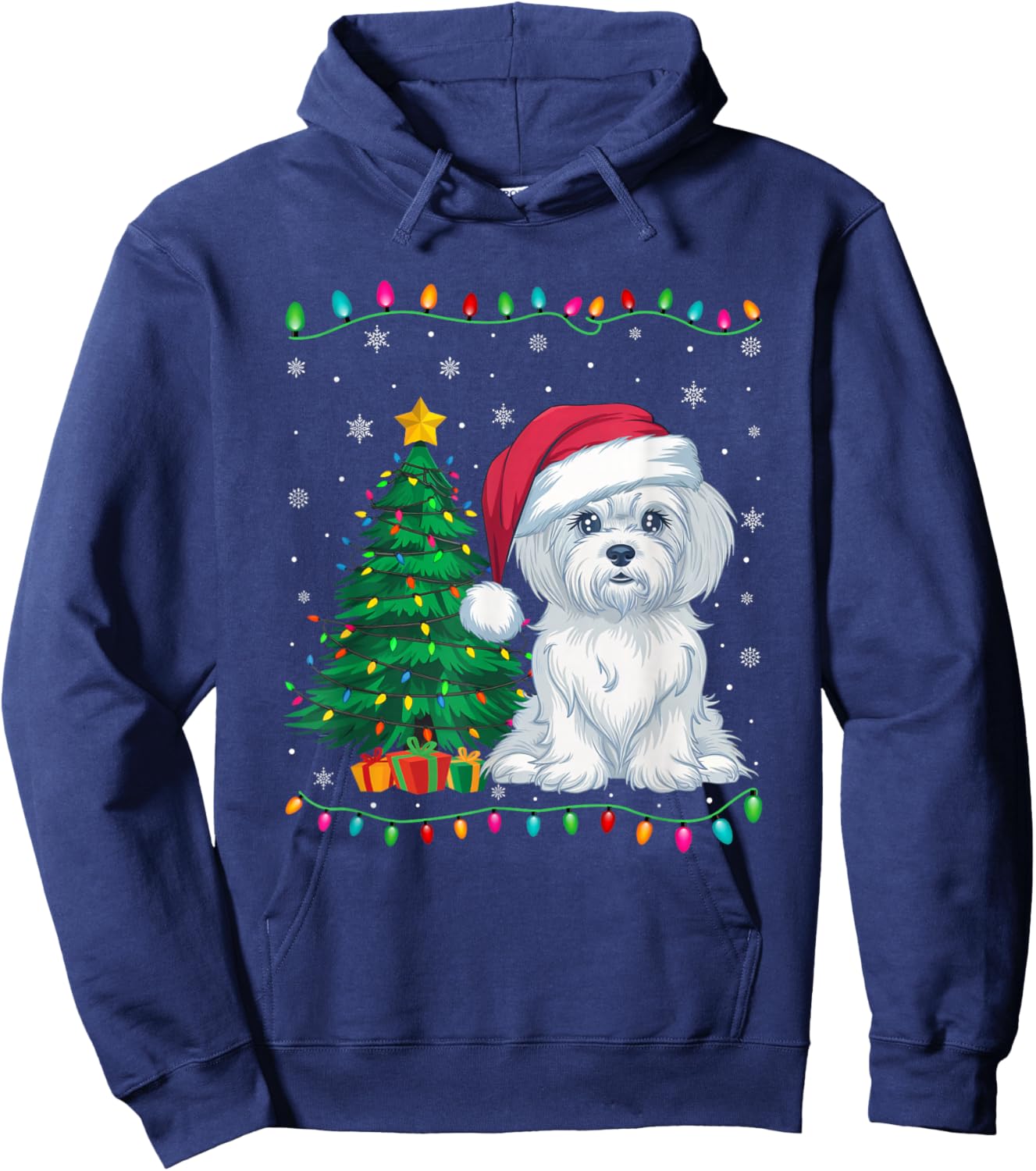 Maltese Dog Santa Hat Men Women Kids Christmas Tree Lights Hoodie - Hoodie | Navy