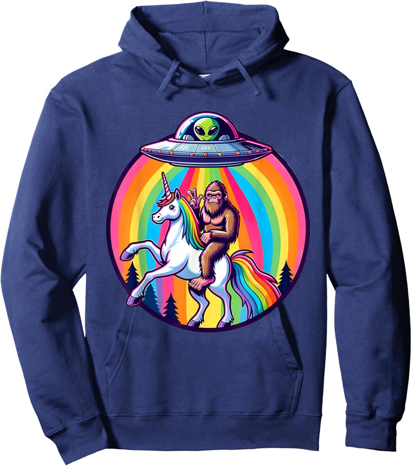 Bigfoot Riding a Unicorn beamed up by a UFO, Alien, Cryptid Hoodie - Hoodie | Navy